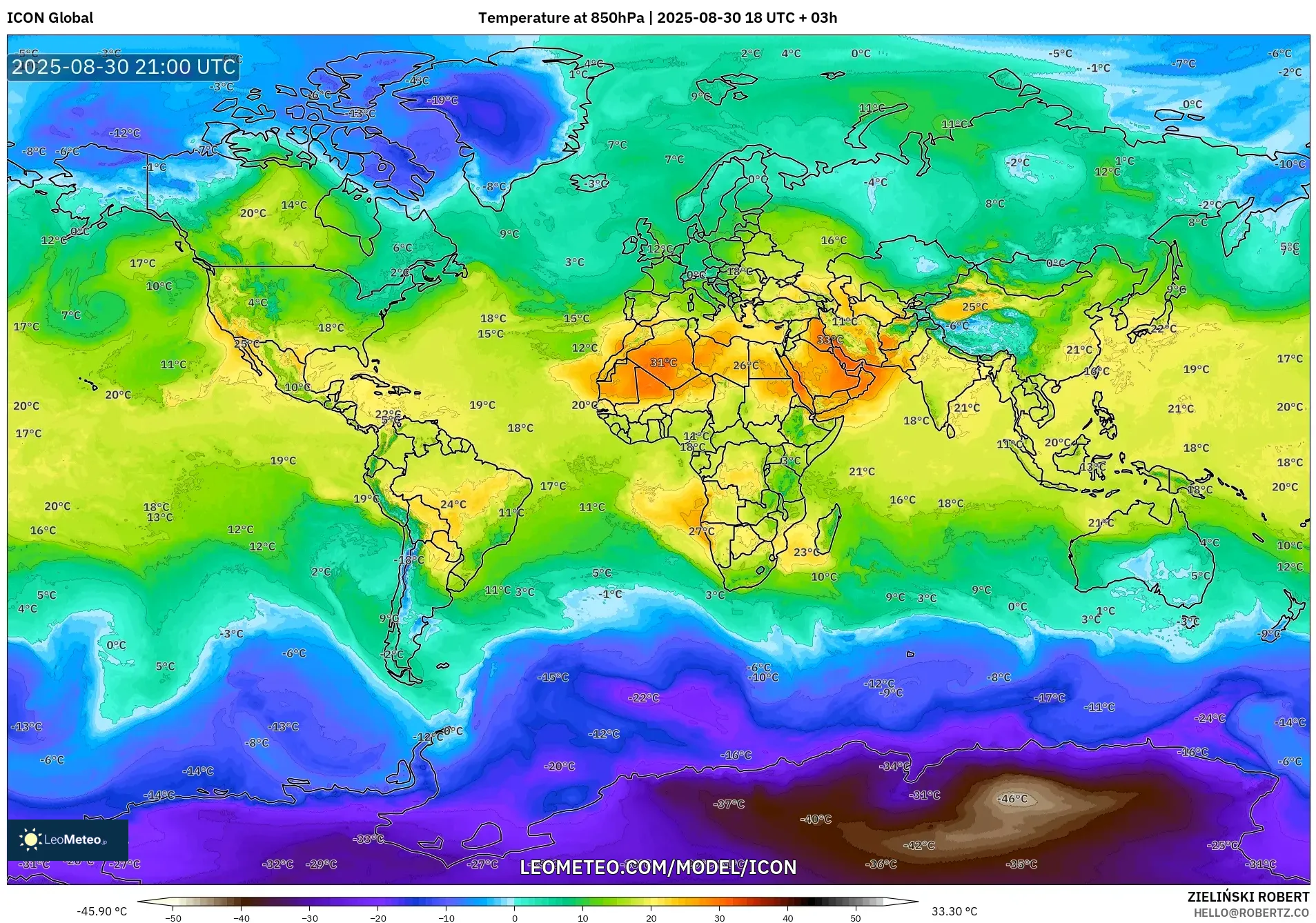 ICON model - World, Temperature at 850hPa ICON model - World, Temperature at 850hPa