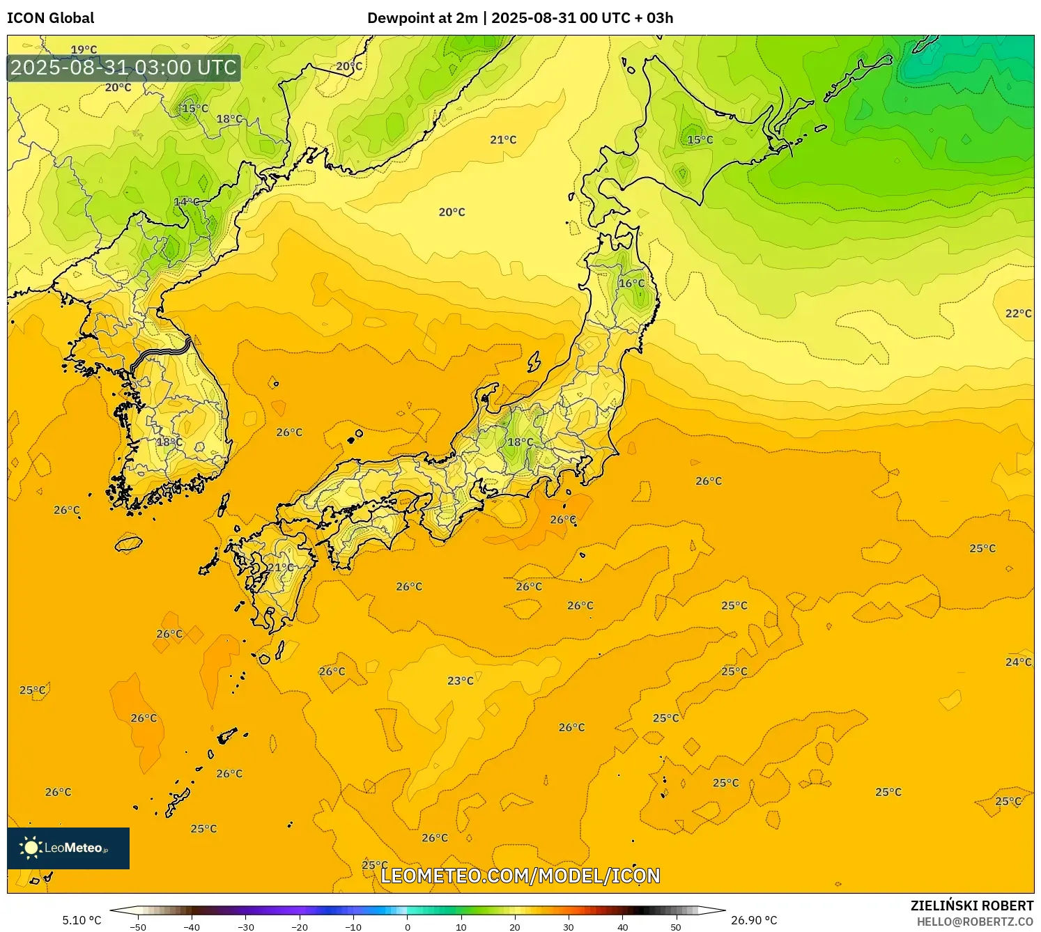 ICON model - Japan, Dewpoint at 2m ICON model - Japan, Dewpoint at 2m