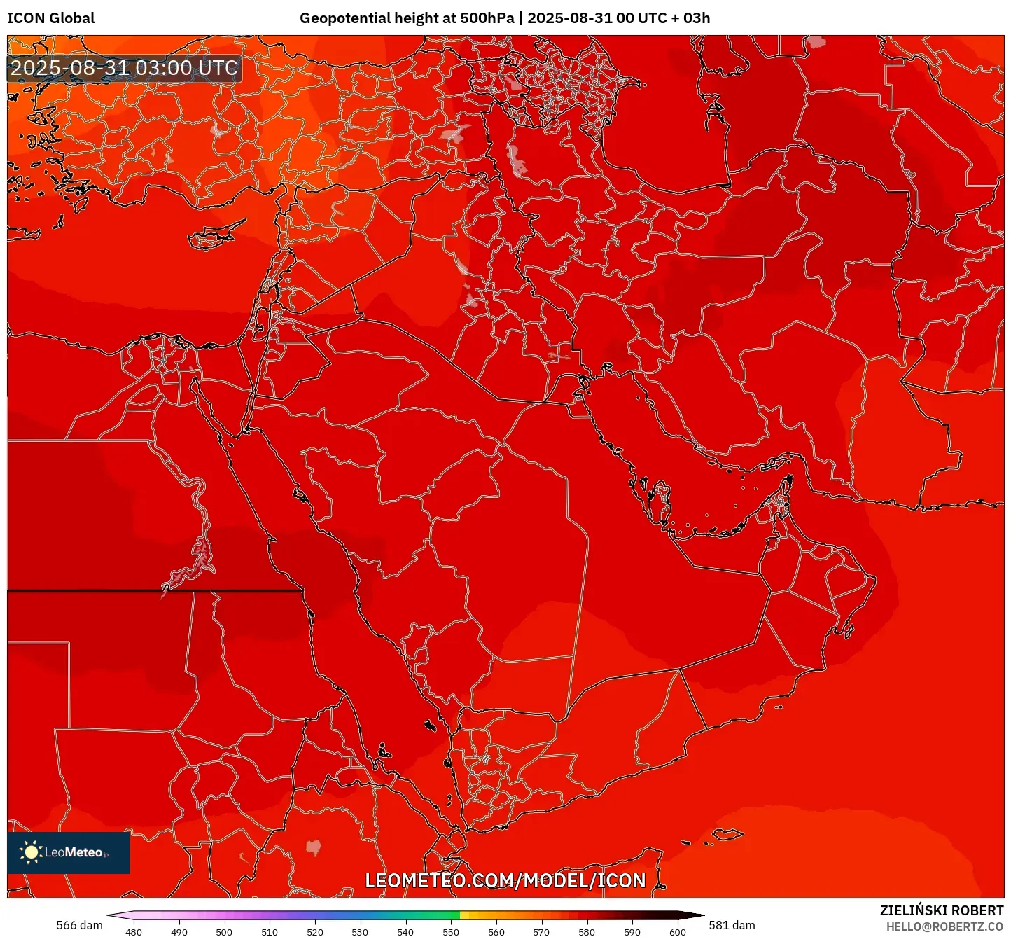 ICON model - Middle East, Geopotential height at 500hPa ICON model - Middle East, Geopotential height at 500hPa