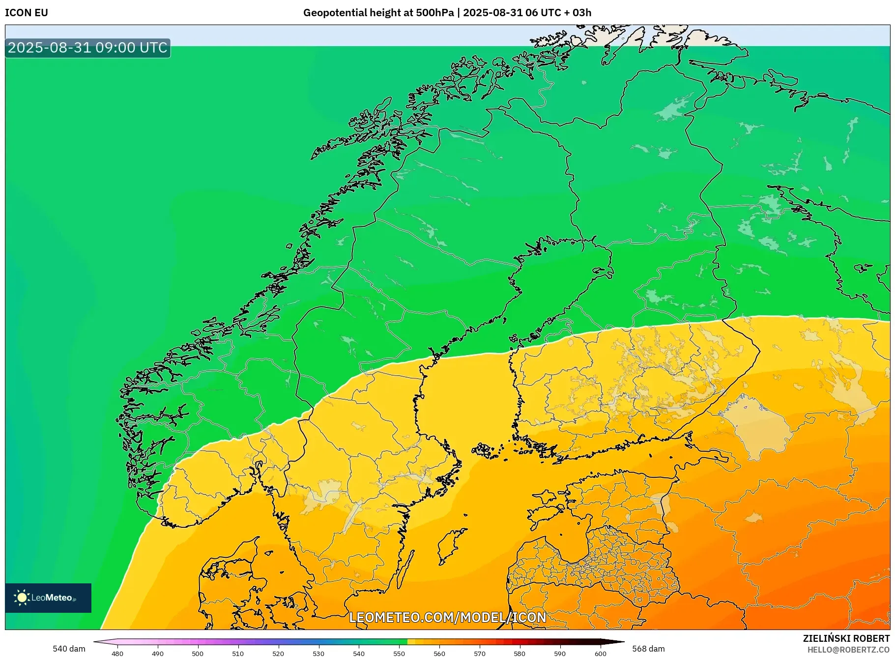 ICON model - Scandinavia, Geopotential height at 500hPa ICON model - Scandinavia, Geopotential height at 500hPa