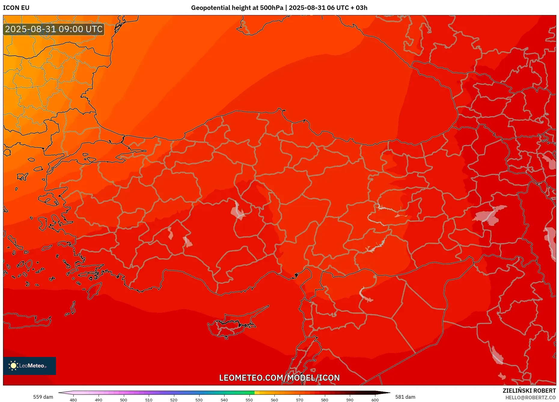 ICON model - Turkey, Geopotential height at 500hPa ICON model - Turkey, Geopotential height at 500hPa
