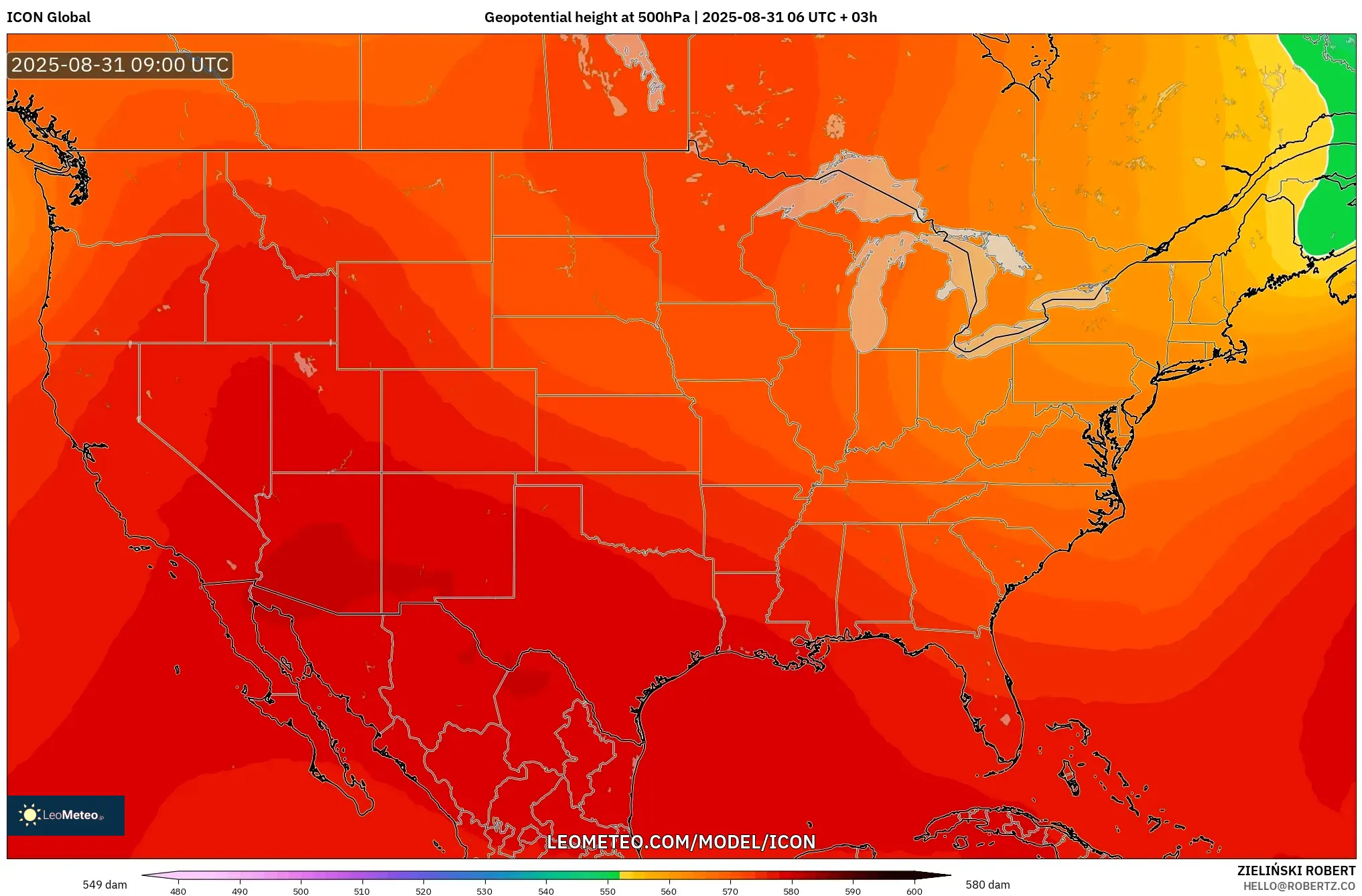 ICON model - United States, Geopotential height at 500hPa