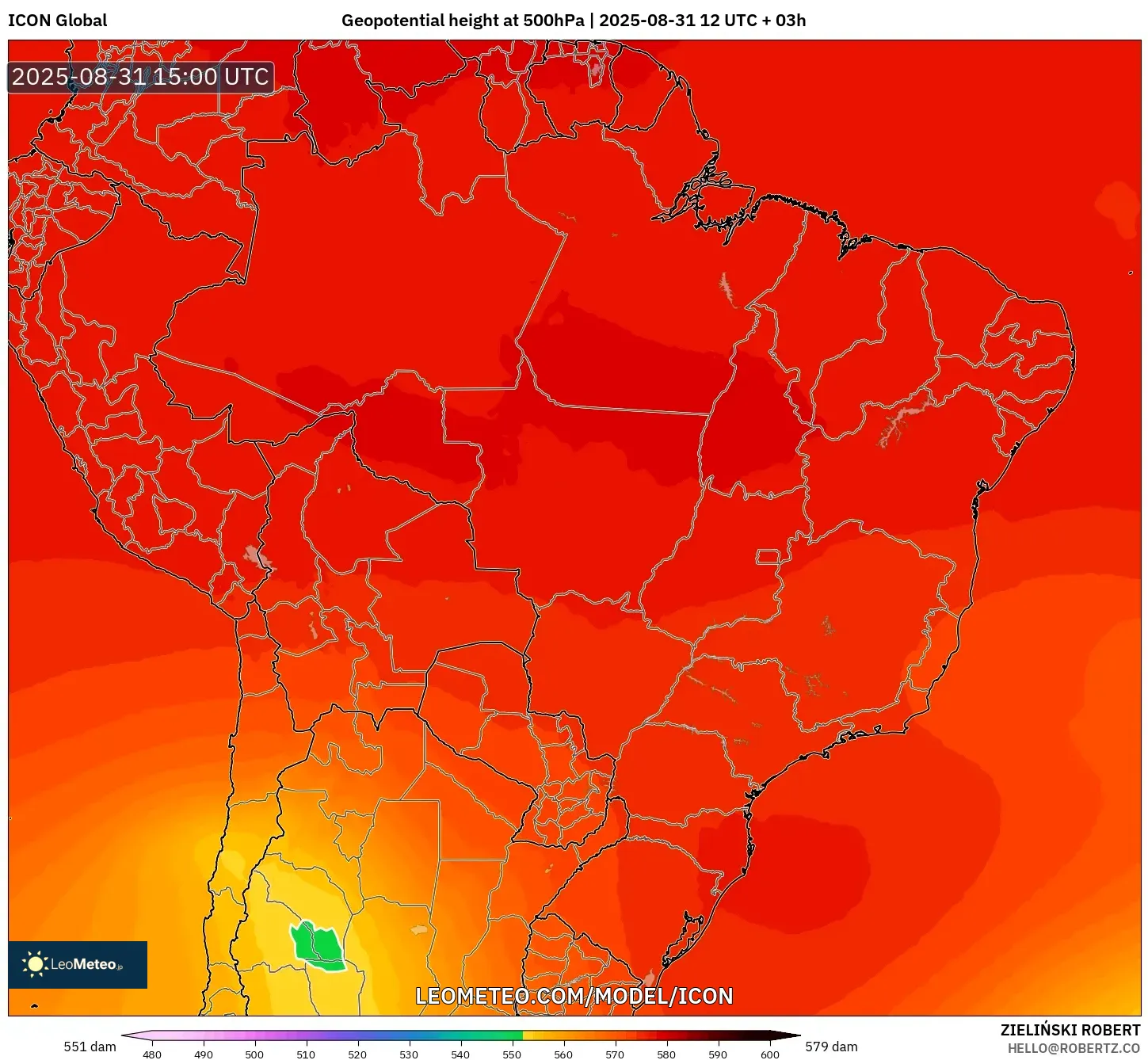 ICON model - Brazil, Geopotential height at 500hPa ICON model - Brazil, Geopotential height at 500hPa