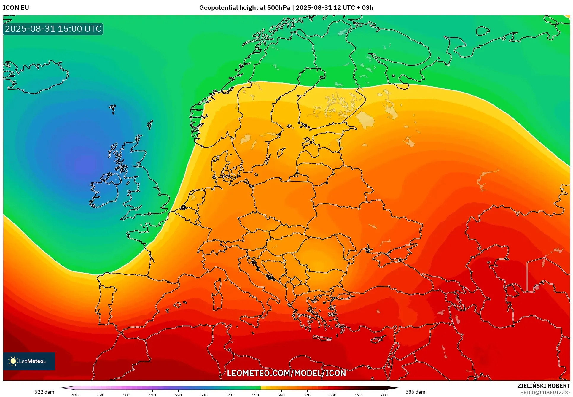 ICON model - Europe, Geopotential height at 500hPa