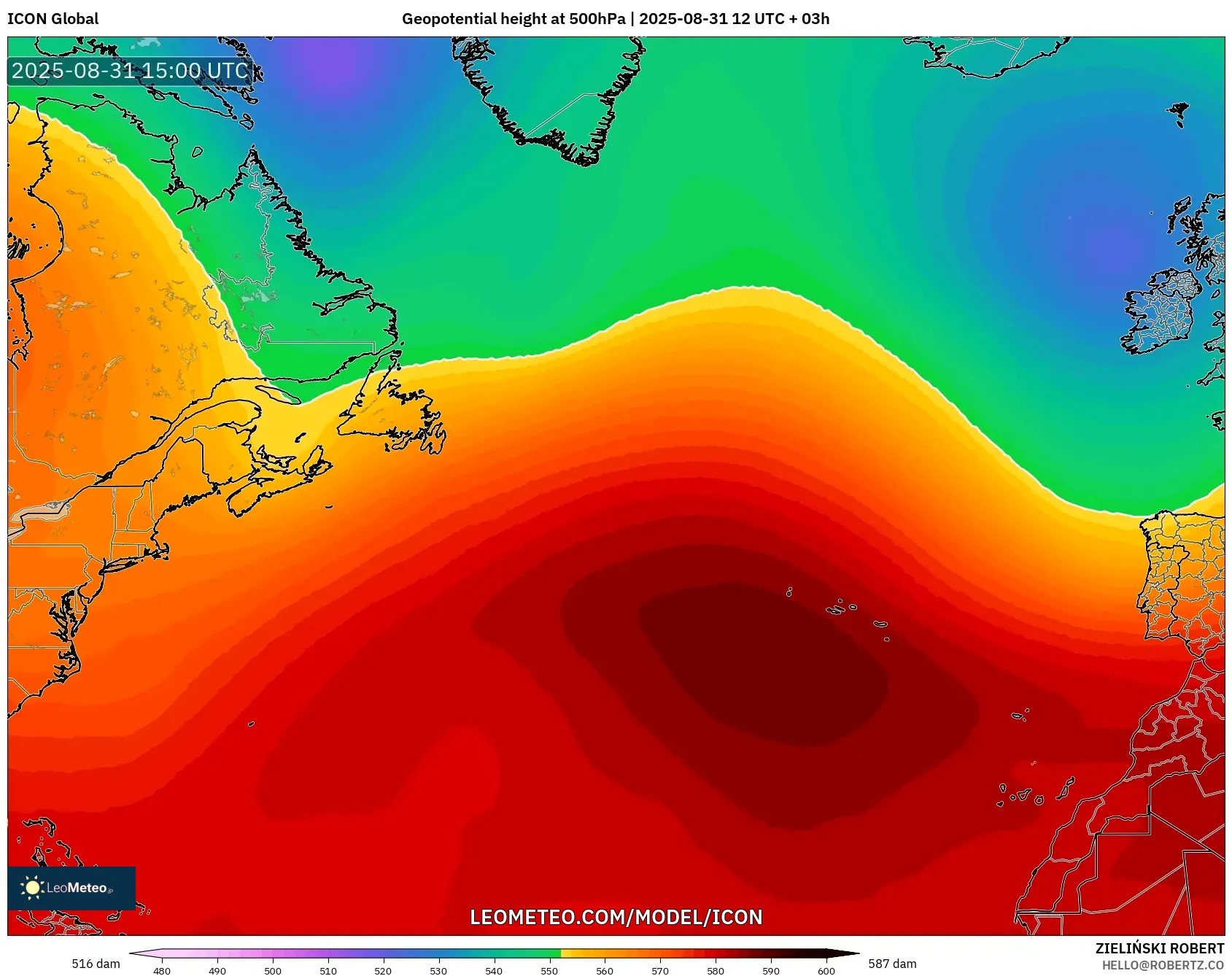 ICON model - North Atlantic, Geopotential height at 500hPa ICON model - North Atlantic, Geopotential height at 500hPa