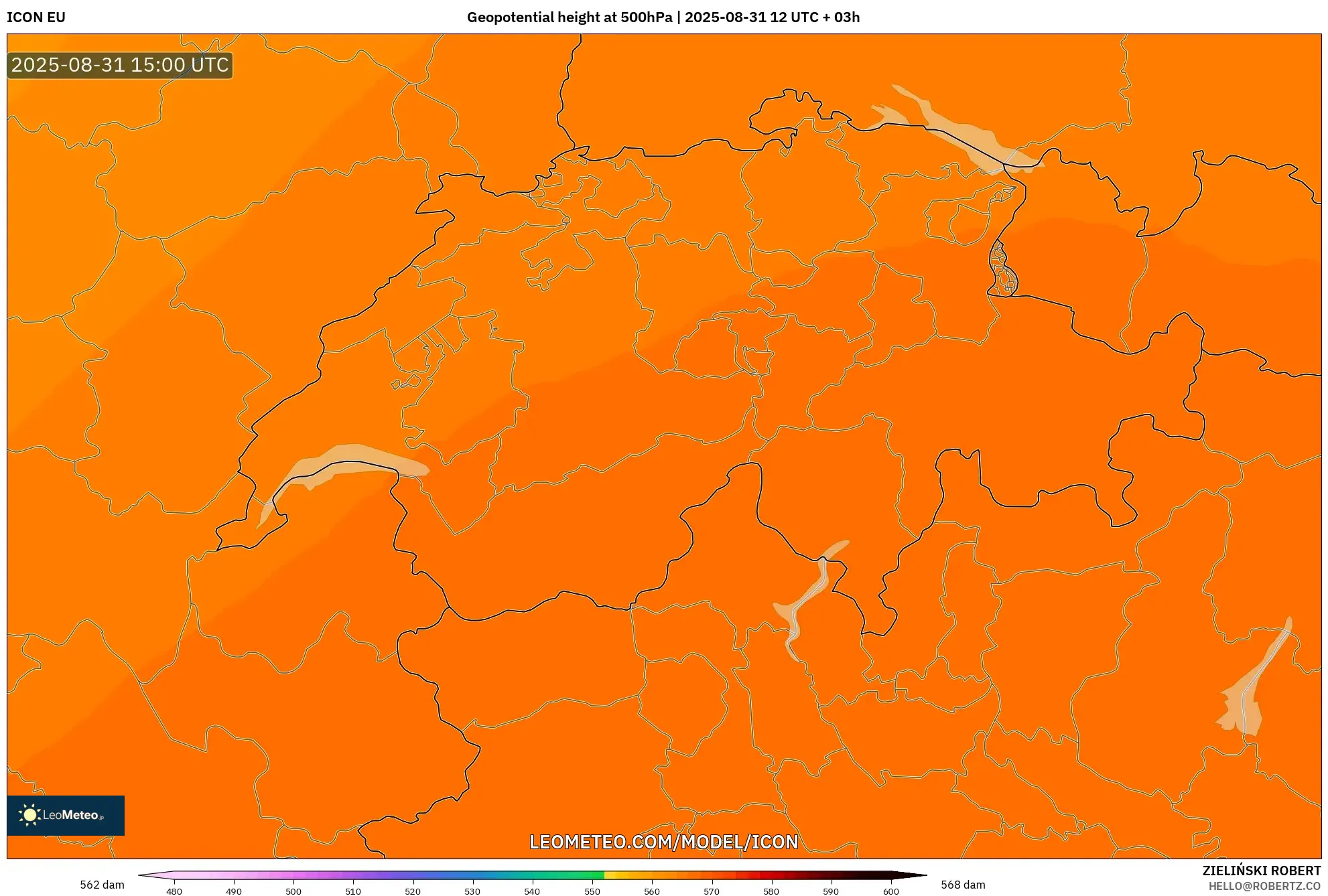 ICON model - Switzerland, Geopotential height at 500hPa
