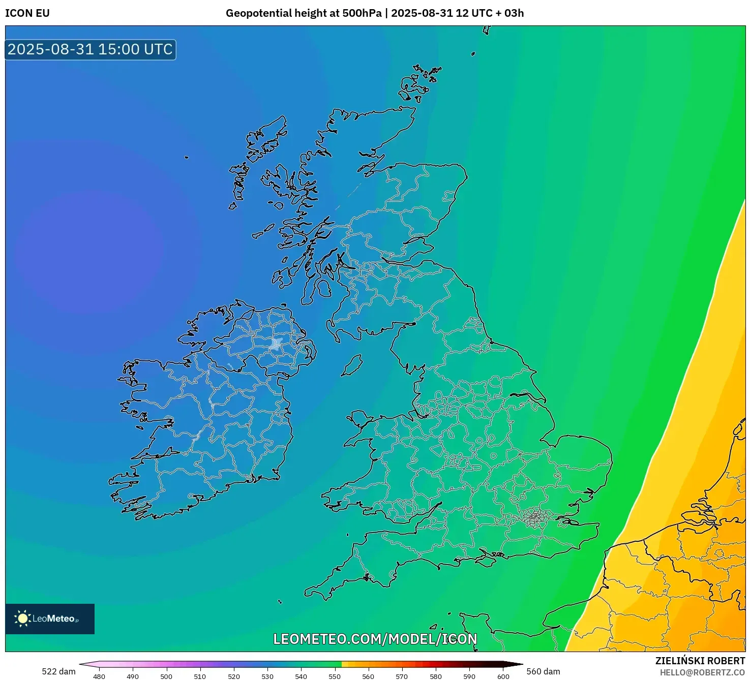ICON model - United Kingdom, Geopotential height at 500hPa