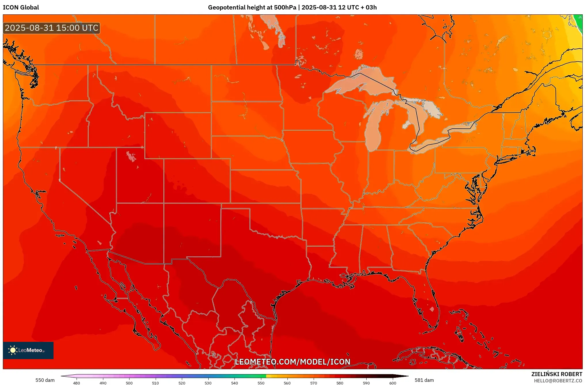 ICON model - United States, Geopotential height at 500hPa