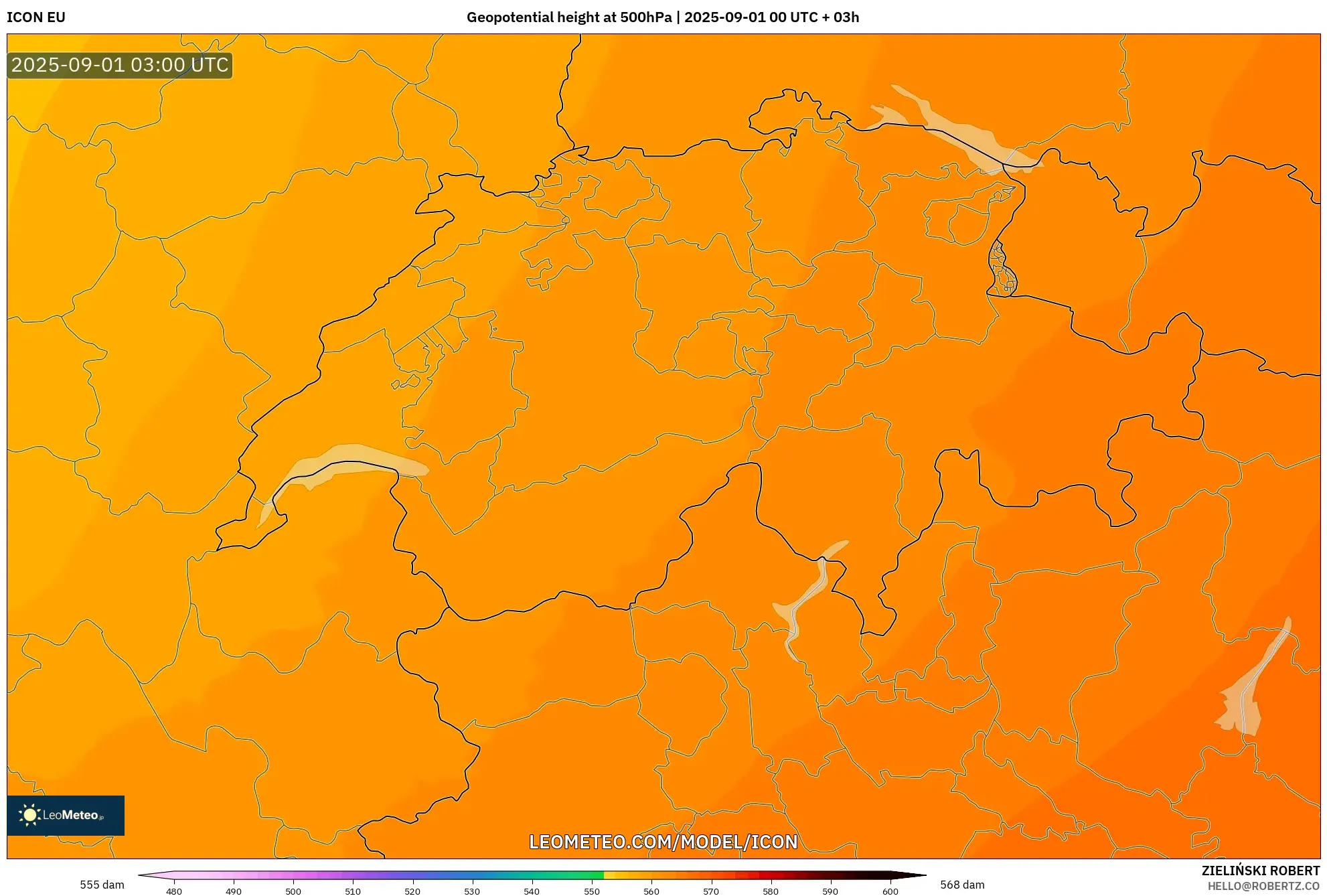 ICON model - Switzerland, Geopotential height at 500hPa ICON model - Switzerland, Geopotential height at 500hPa