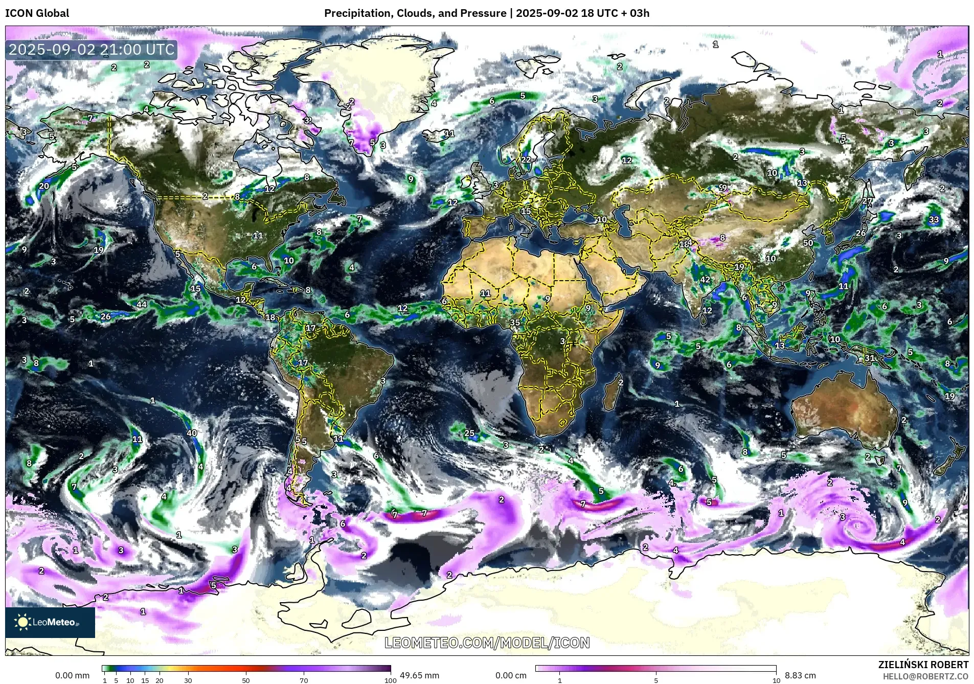 ICON model - World, Precipitation, Clouds, and Pressure ICON model - World, Precipitation, Clouds, and Pressure
