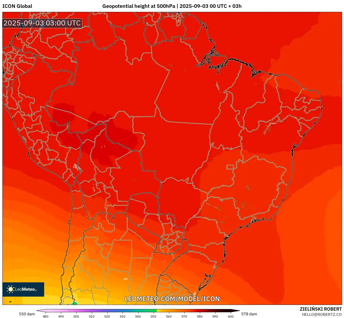 ICON model - Brazil, Geopotential height at 500hPa ICON model - Brazil, Geopotential height at 500hPa