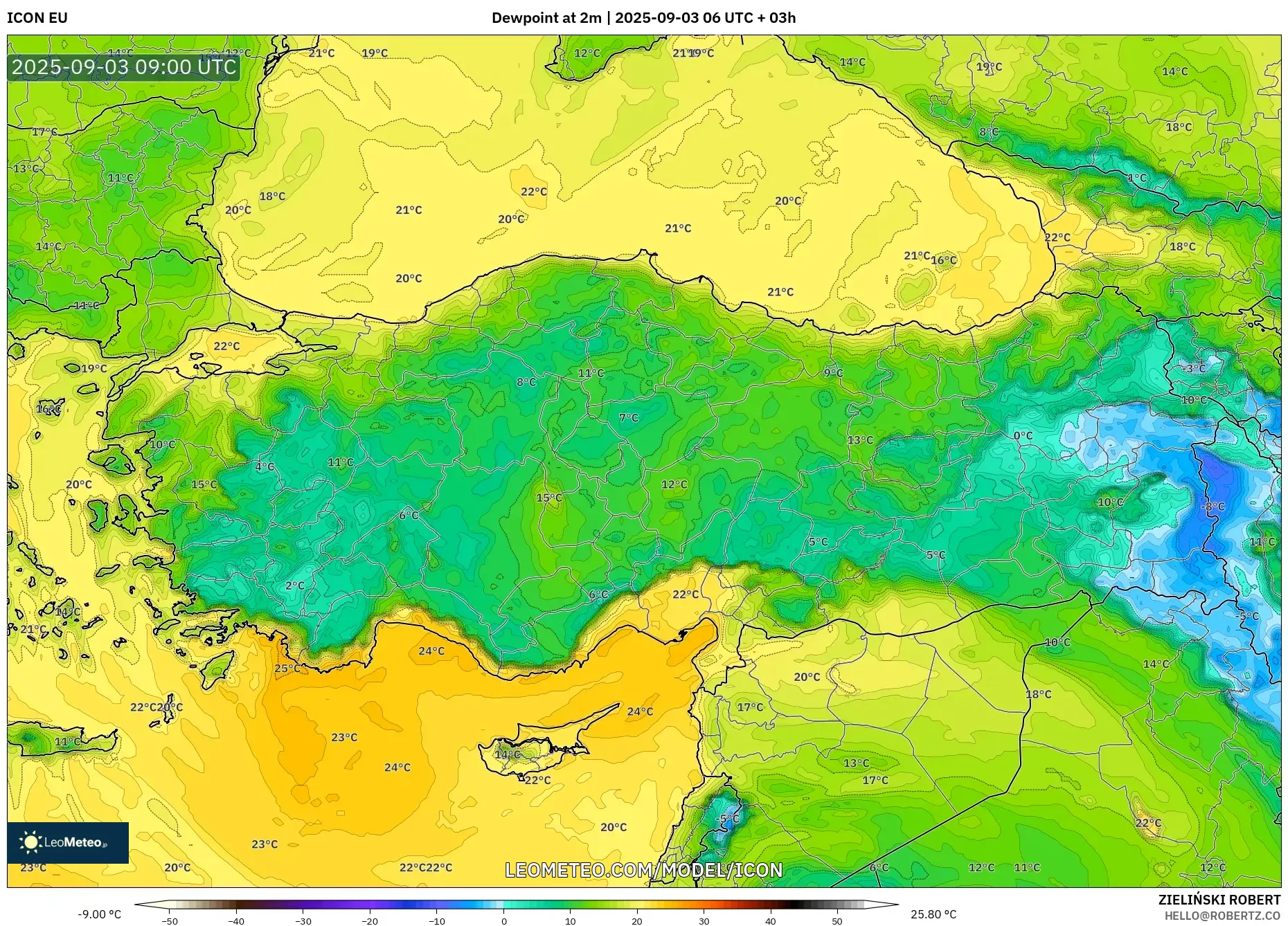 ICON model - Turkey, Dewpoint at 2m