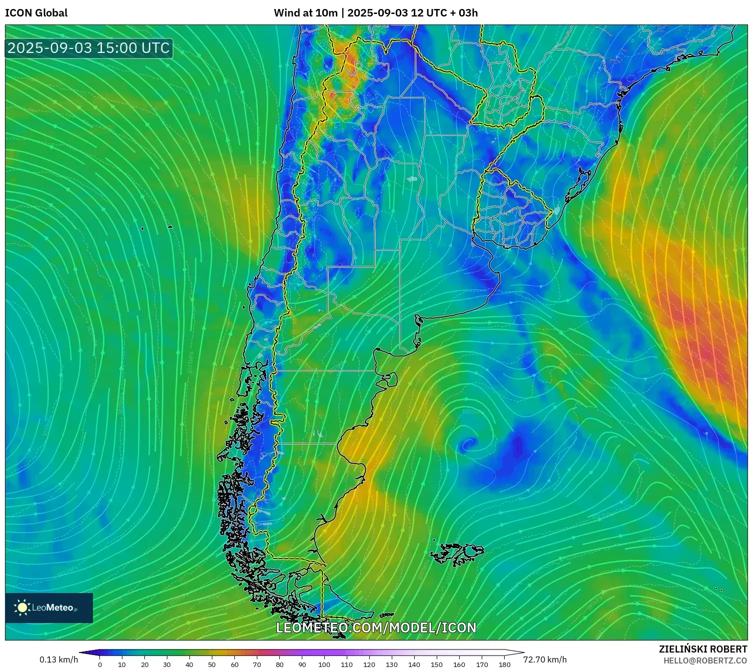 ICON model - Argentina, Wind at 10m ICON model - Argentina, Wind at 10m