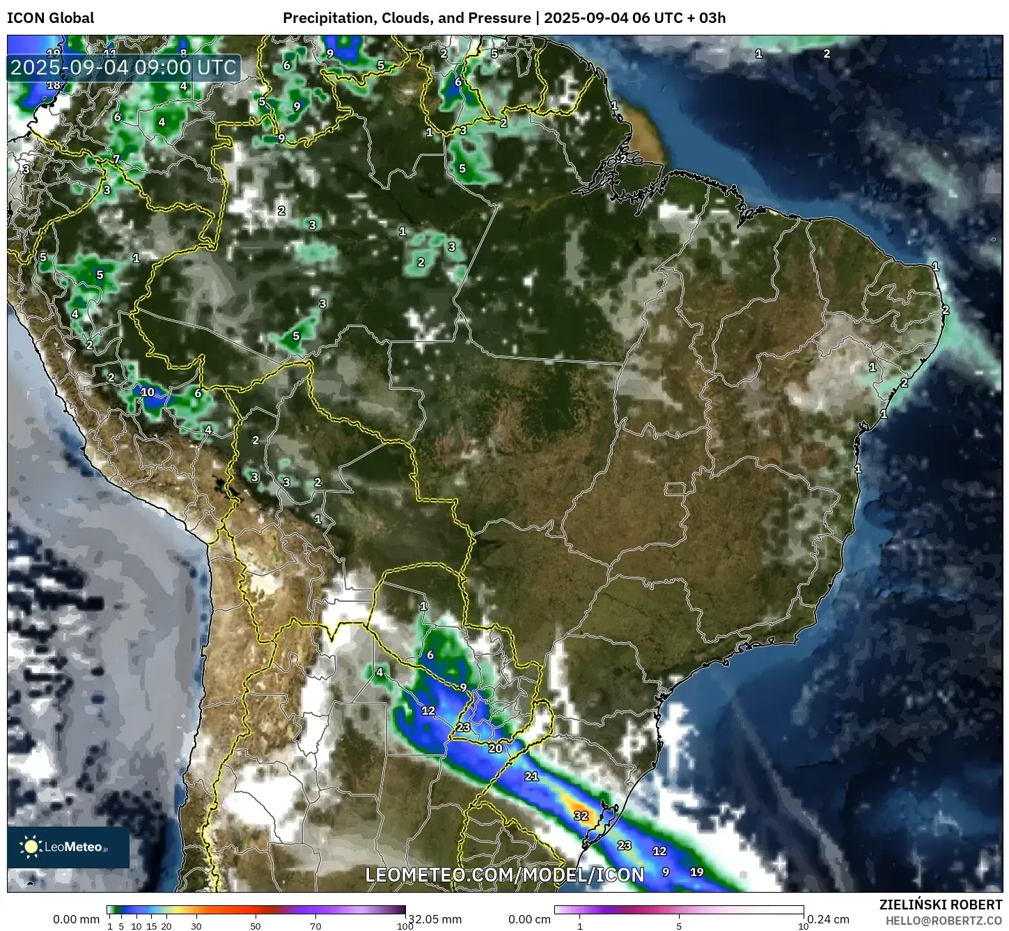 ICON model - Brazil, Precipitation, Clouds, and Pressure ICON model - Brazil, Precipitation, Clouds, and Pressure