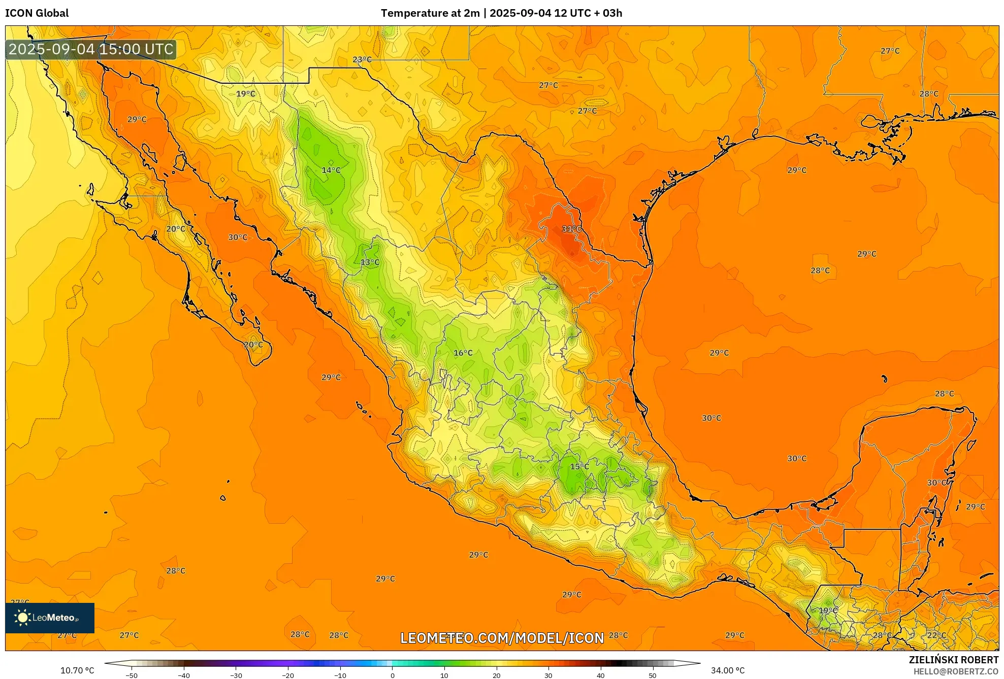ICON model - Mexico, Temperature at 2m ICON model - Mexico, Temperature at 2m
