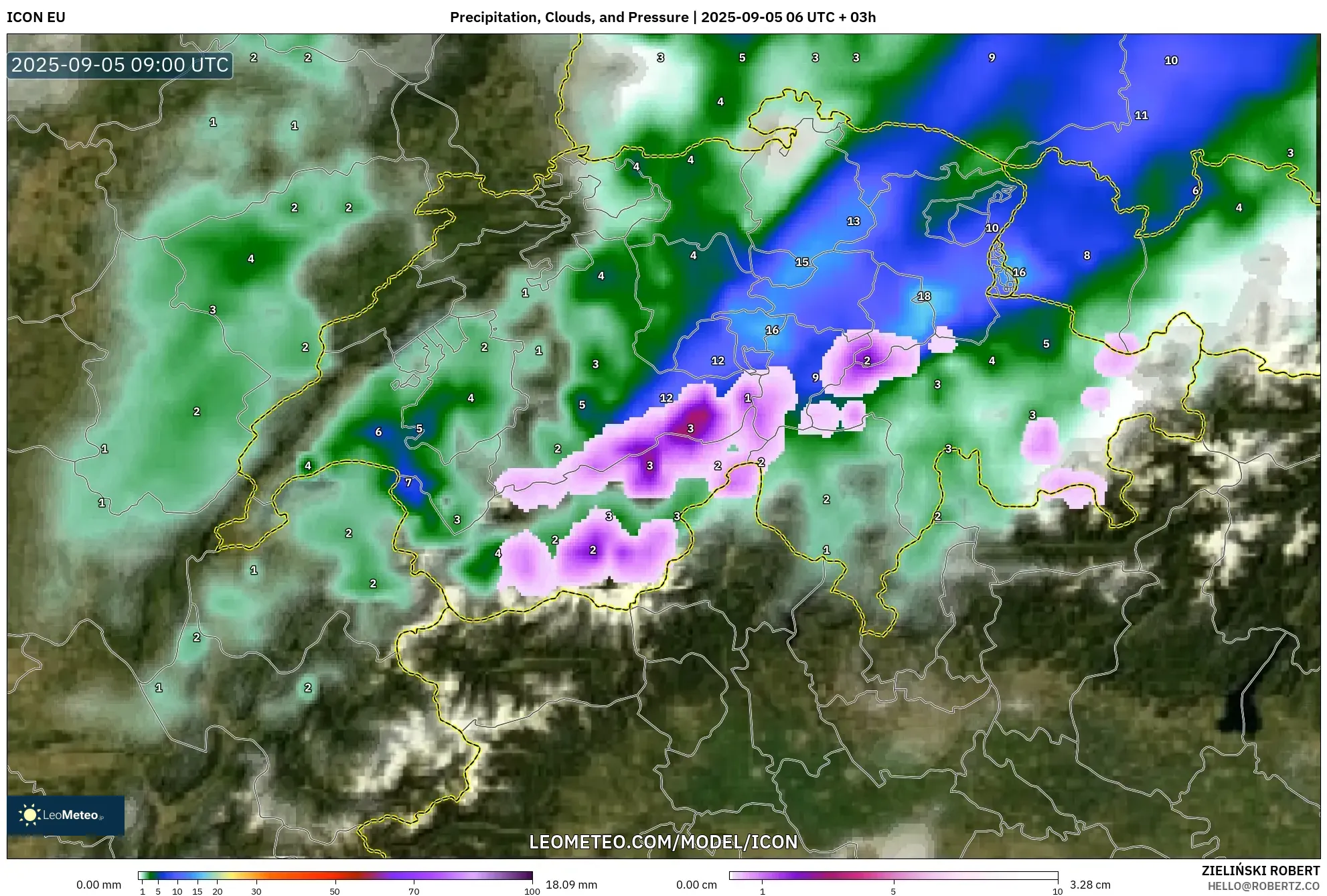 ICON model - Switzerland, Precipitation, Clouds, and Pressure ICON model - Switzerland, Precipitation, Clouds, and Pressure