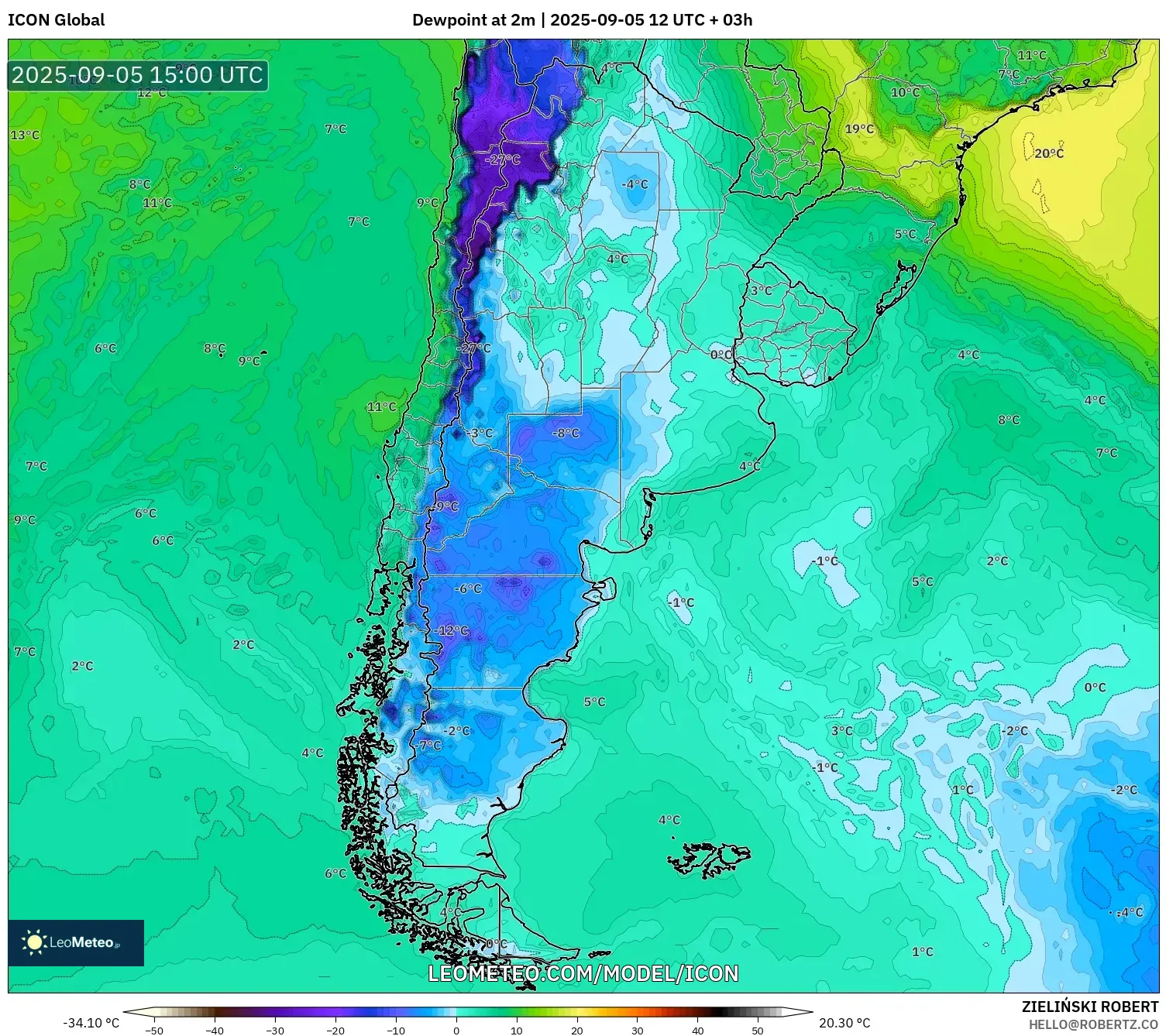 ICON model - Argentina, Dewpoint at 2m ICON model - Argentina, Dewpoint at 2m