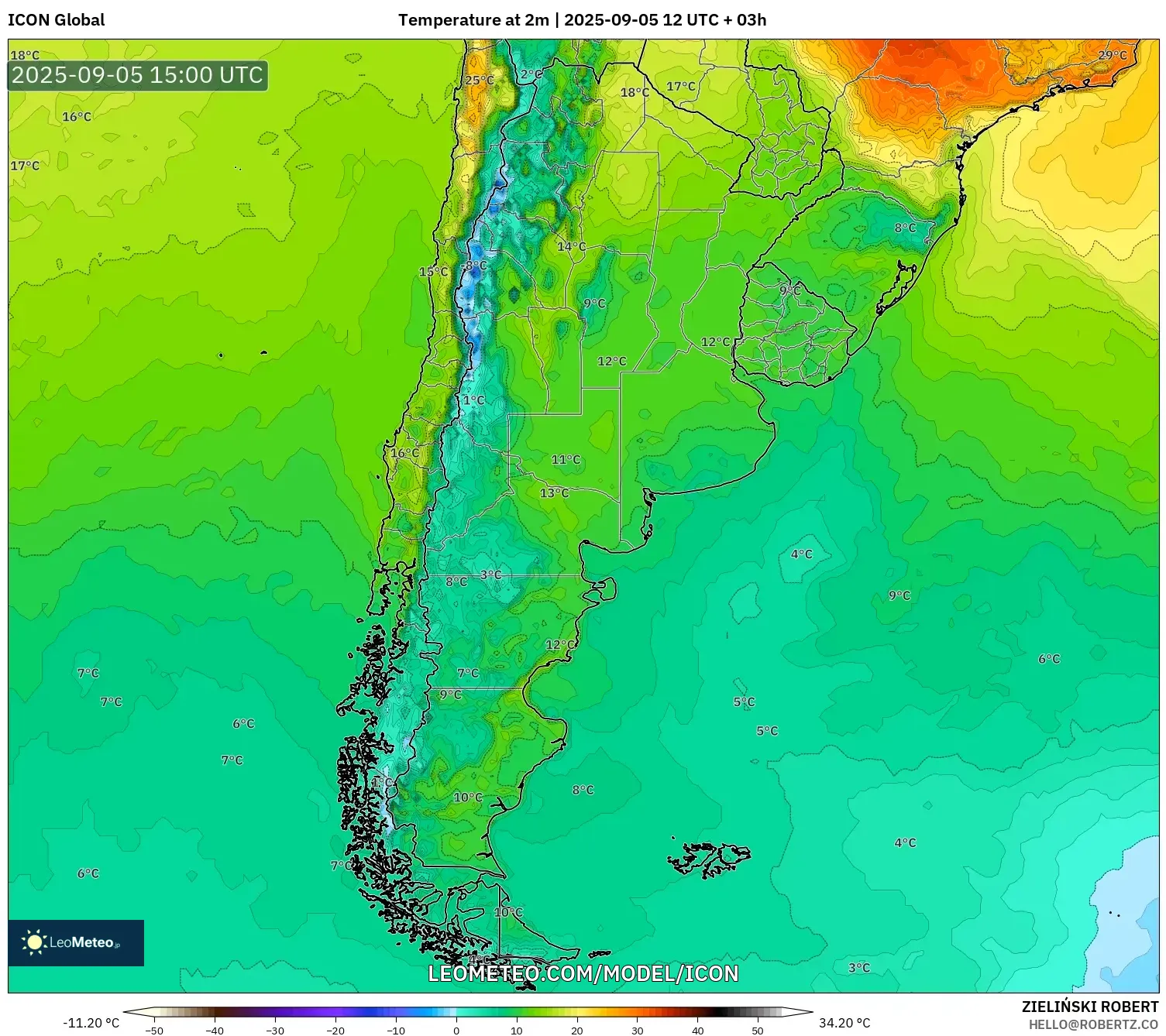 ICON model - Argentina, Temperature at 2m ICON model - Argentina, Temperature at 2m