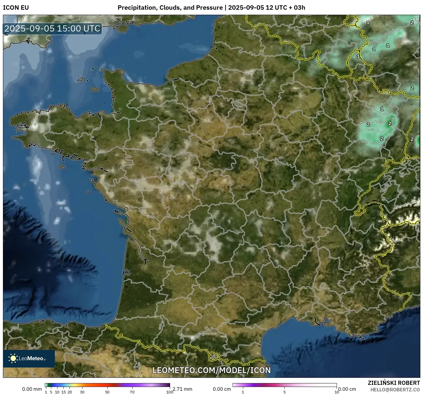 ICON model - France, Precipitation, Clouds, and Pressure