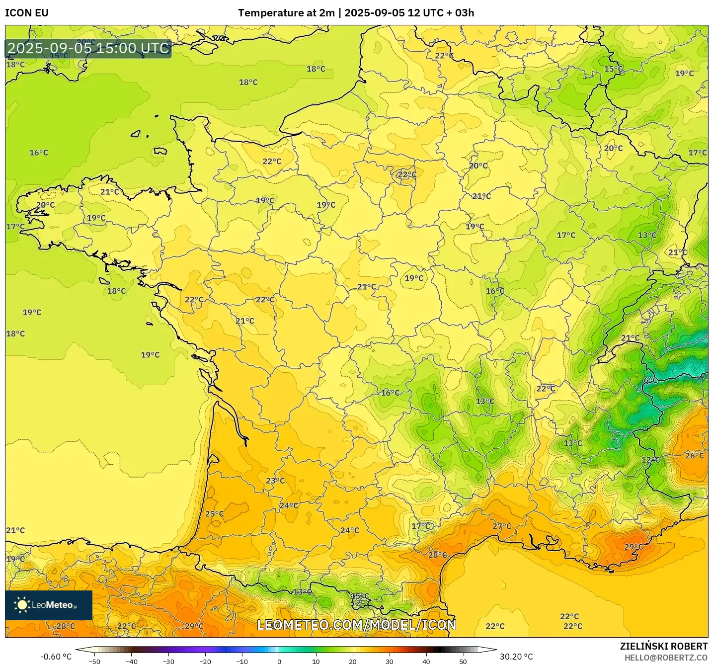 ICON model - France, Temperature at 2m