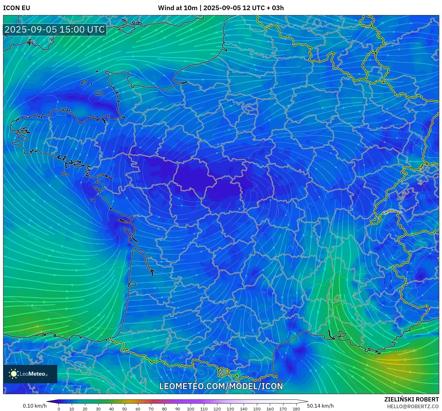 ICON model - France, Wind at 10m