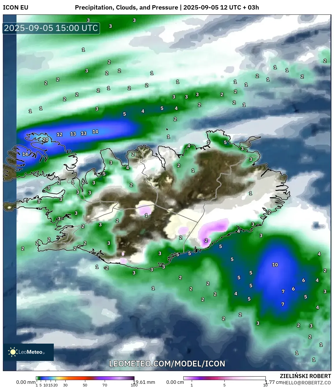 ICON model - Iceland, Precipitation, Clouds, and Pressure