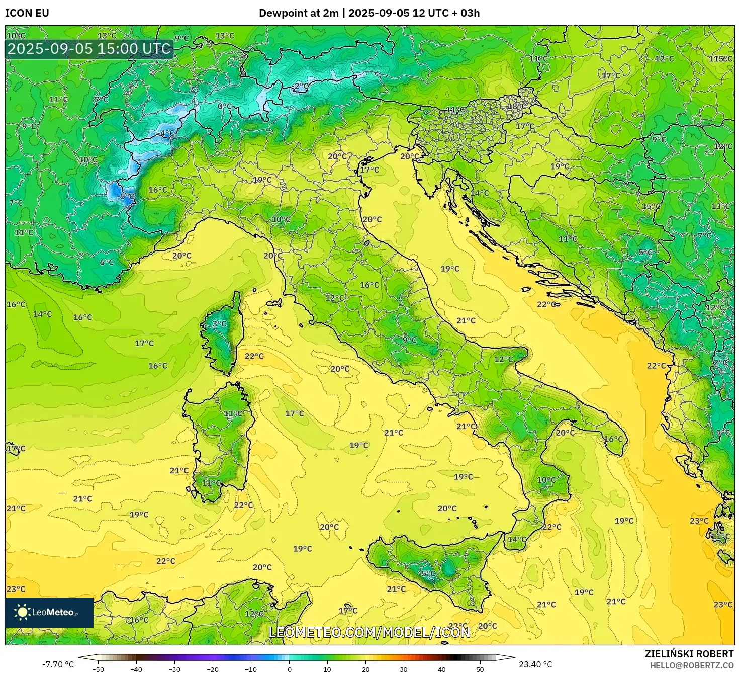 ICON model - Italy, Dewpoint at 2m ICON model - Italy, Dewpoint at 2m