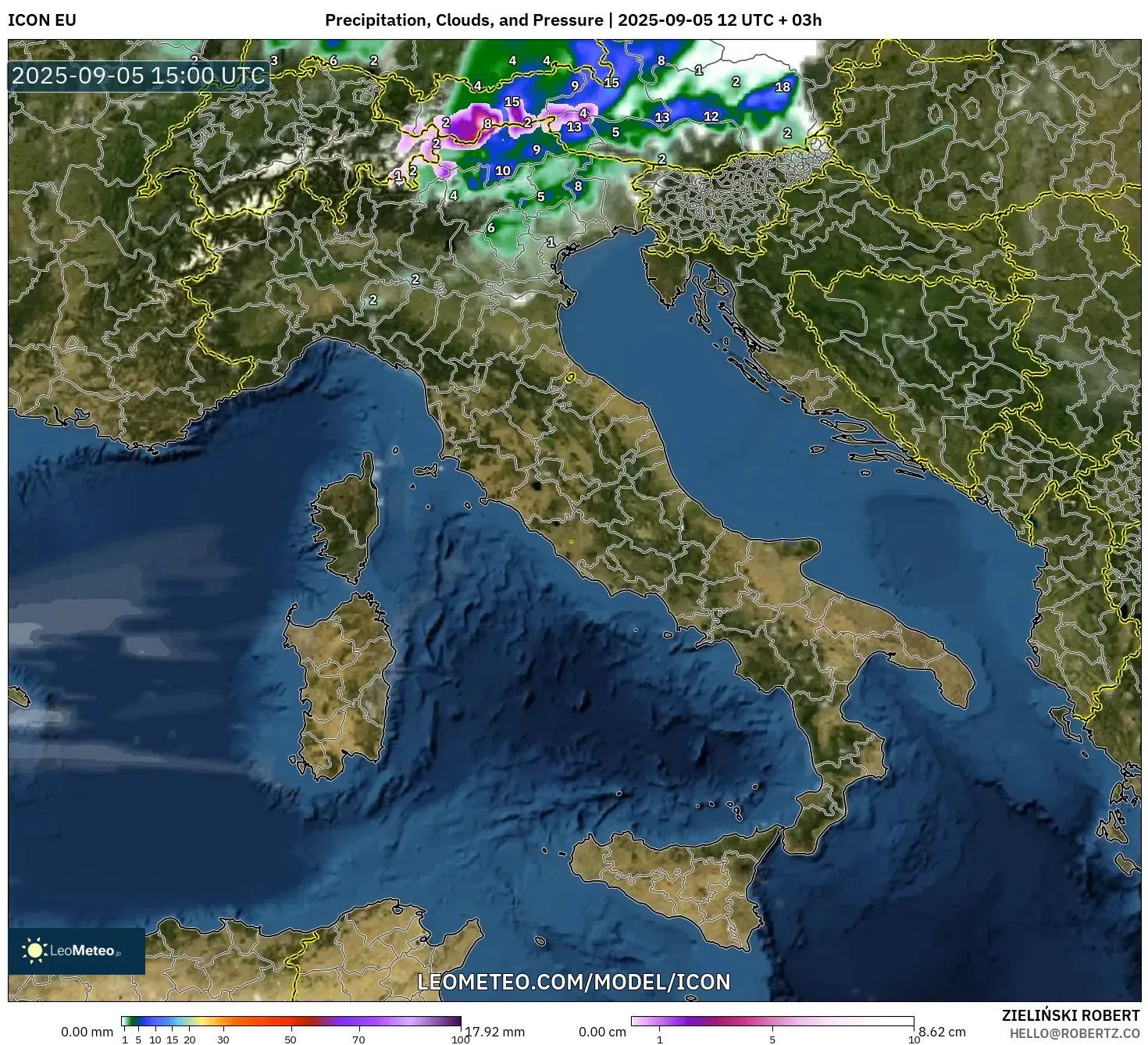 ICON model - Italy, Precipitation, Clouds, and Pressure