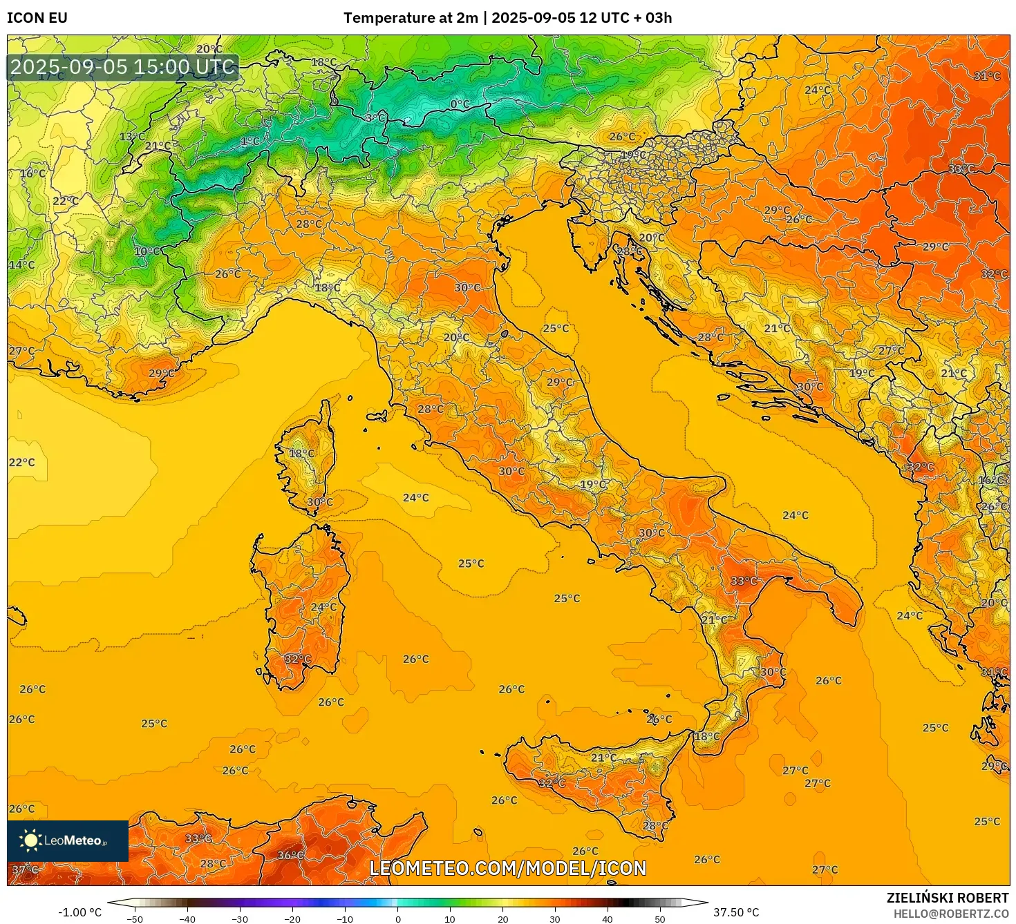 ICON model - Italy, Temperature at 2m