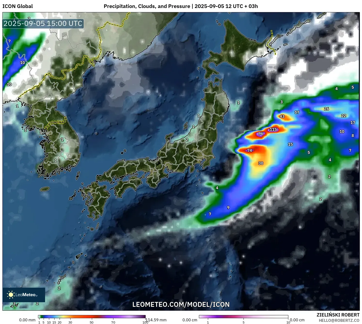 ICON model - Japan, Precipitation, Clouds, and Pressure