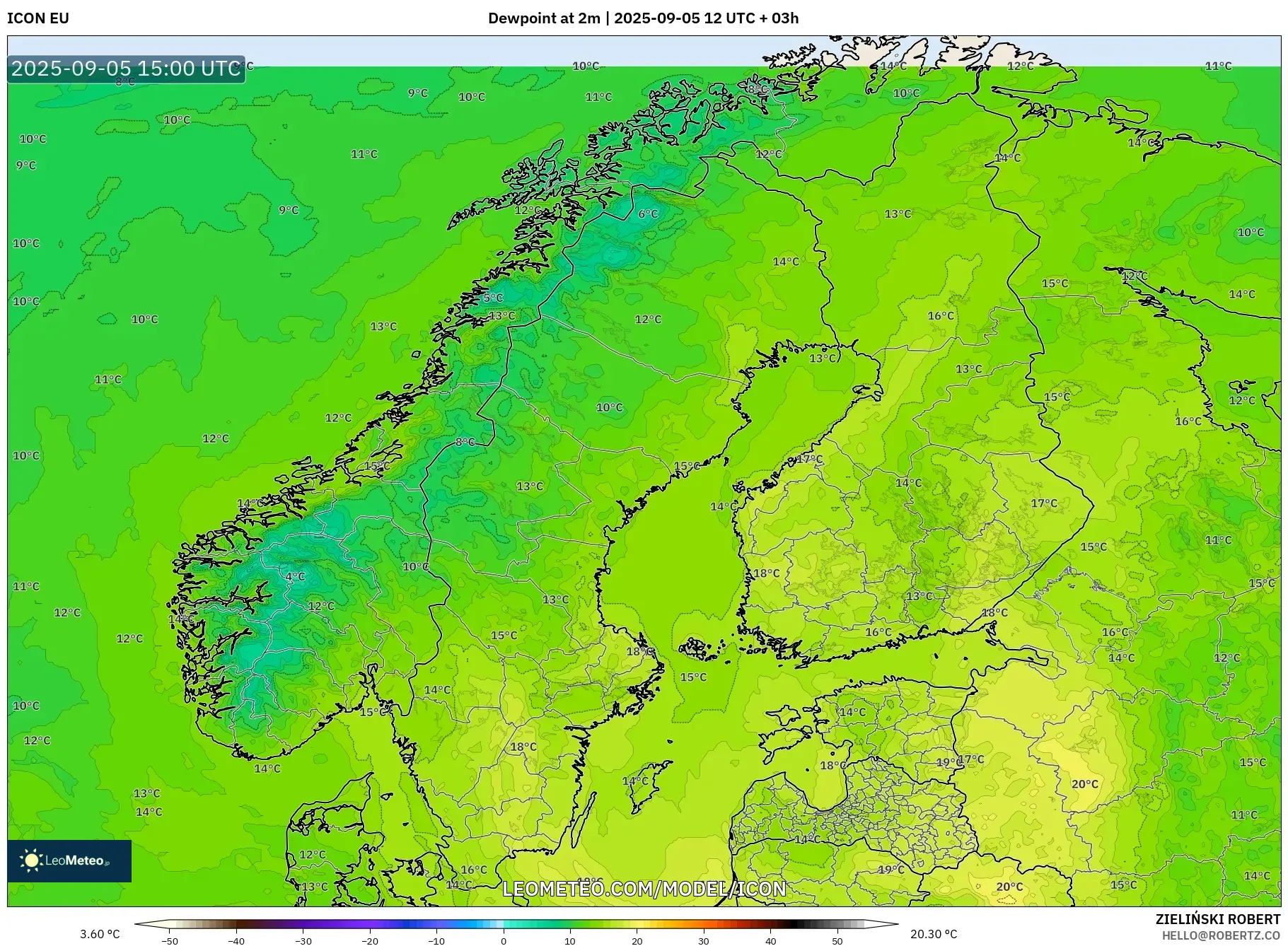 ICON model - Scandinavia, Dewpoint at 2m