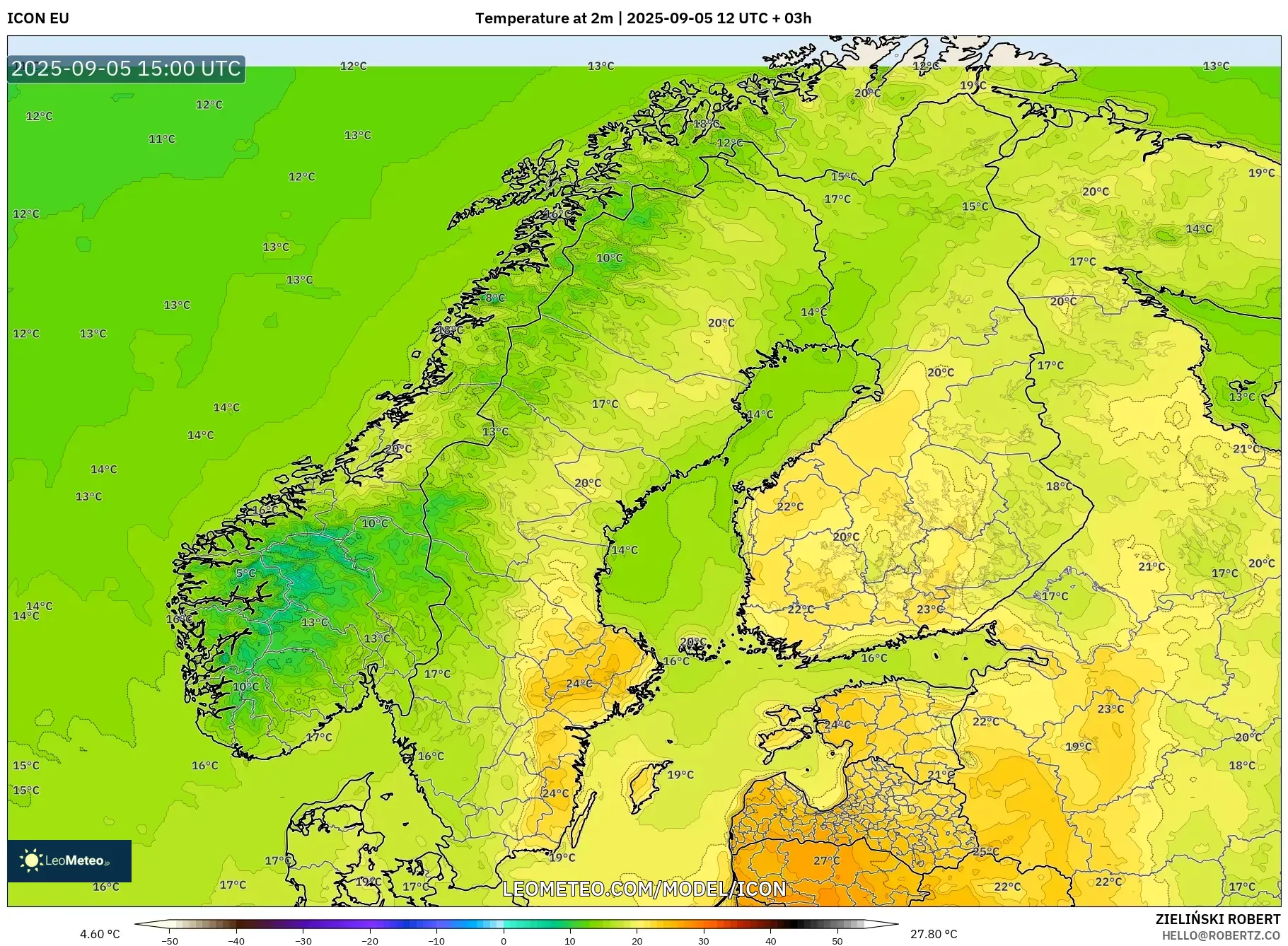 ICON model - Scandinavia, Temperature at 2m