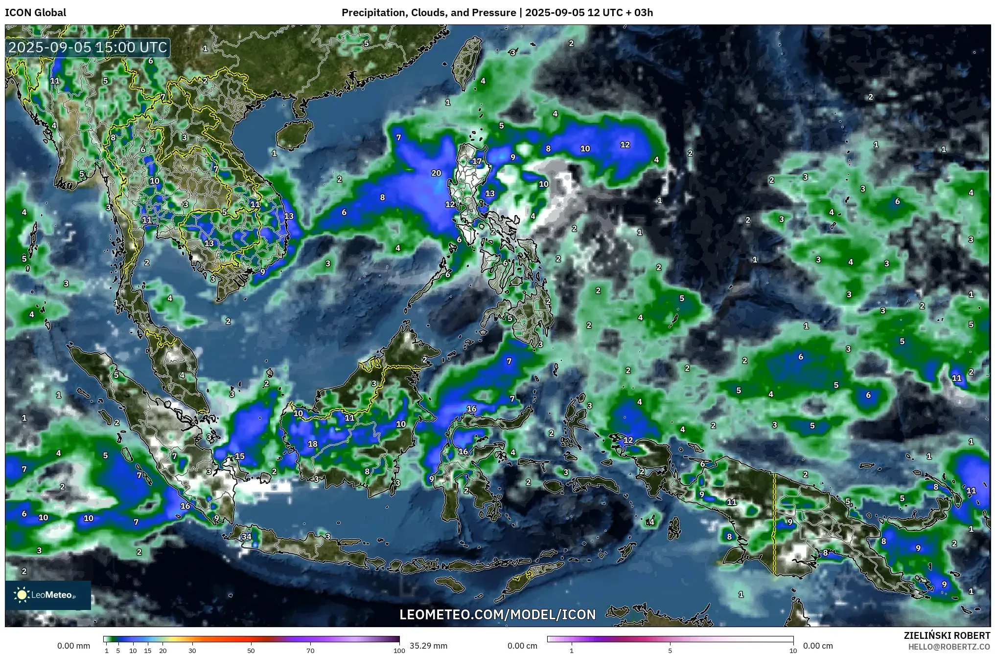 ICON model - South East Asia, Precipitation, Clouds, and Pressure