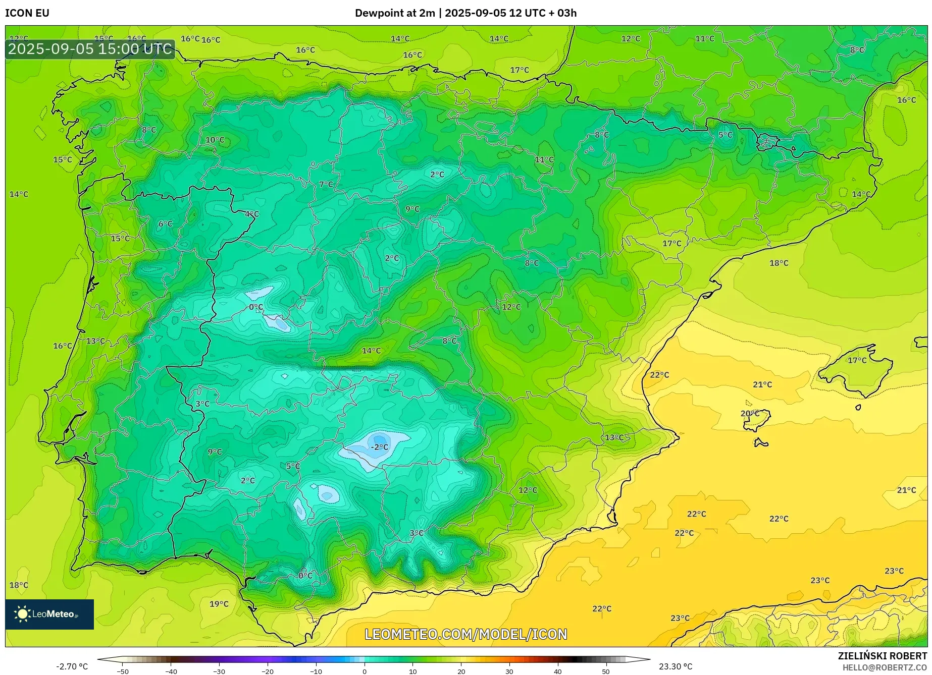 ICON model - Spain, Dewpoint at 2m