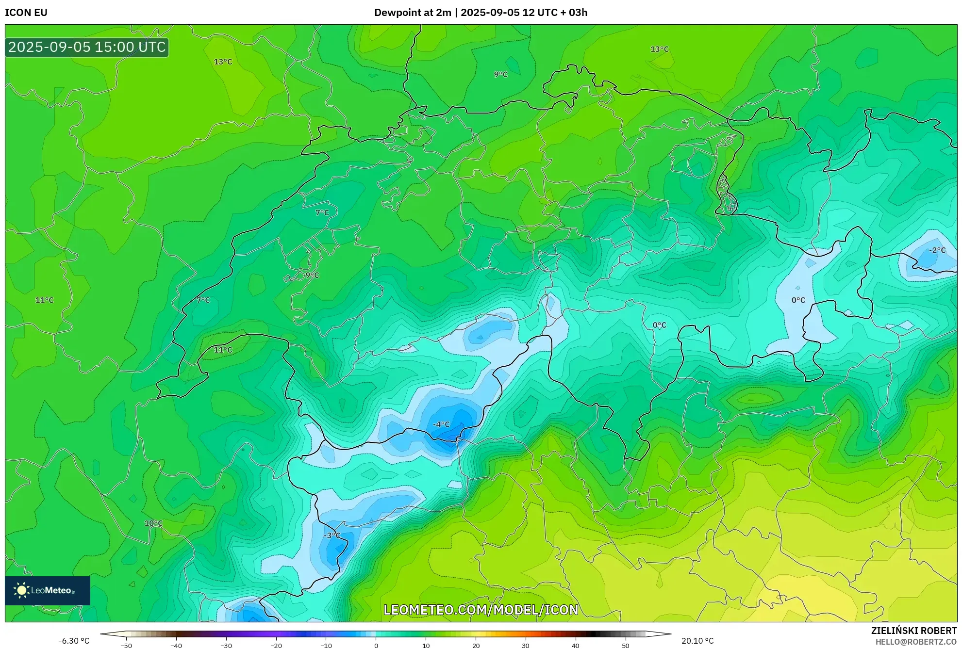 ICON model - Switzerland, Dewpoint at 2m ICON model - Switzerland, Dewpoint at 2m