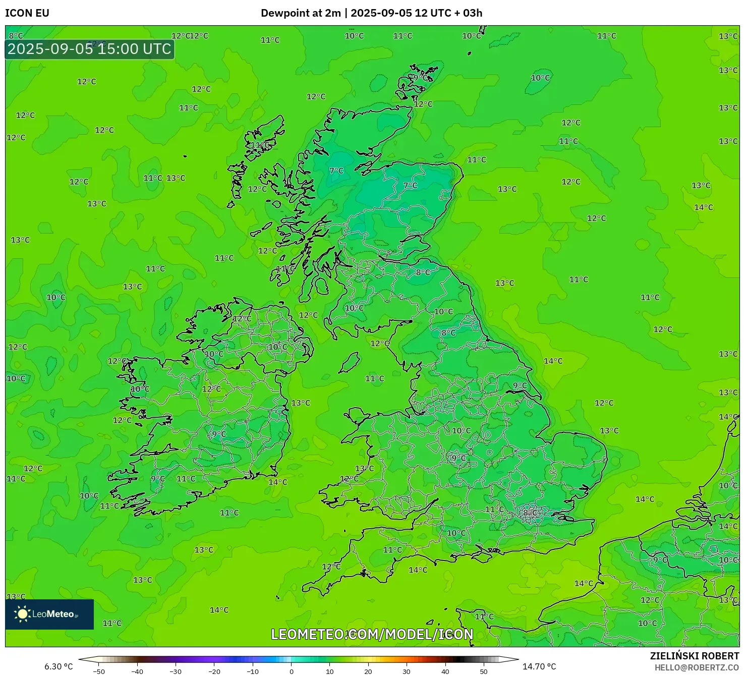 ICON model - United Kingdom, Dewpoint at 2m ICON model - United Kingdom, Dewpoint at 2m