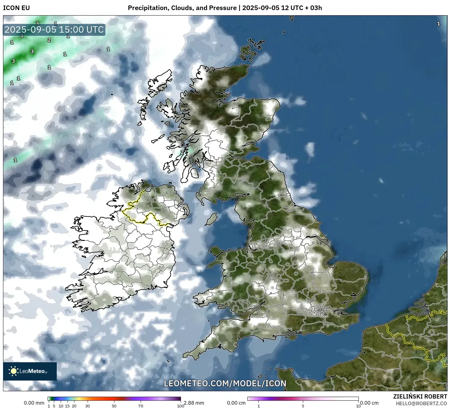 ICON model - United Kingdom, Precipitation, Clouds, and Pressure