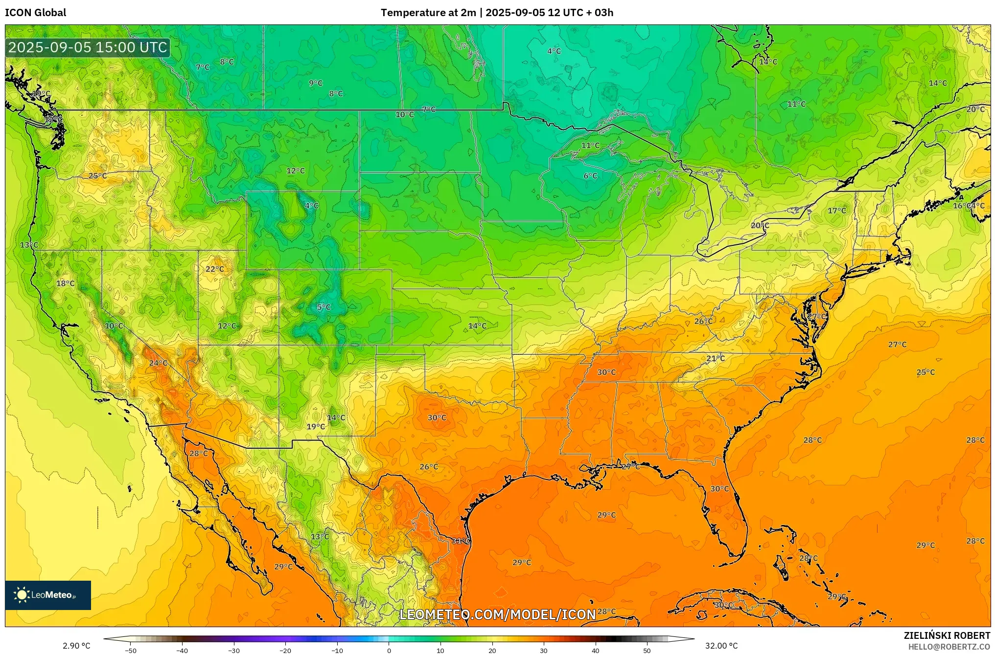 ICON model - United States, Temperature at 2m ICON model - United States, Temperature at 2m