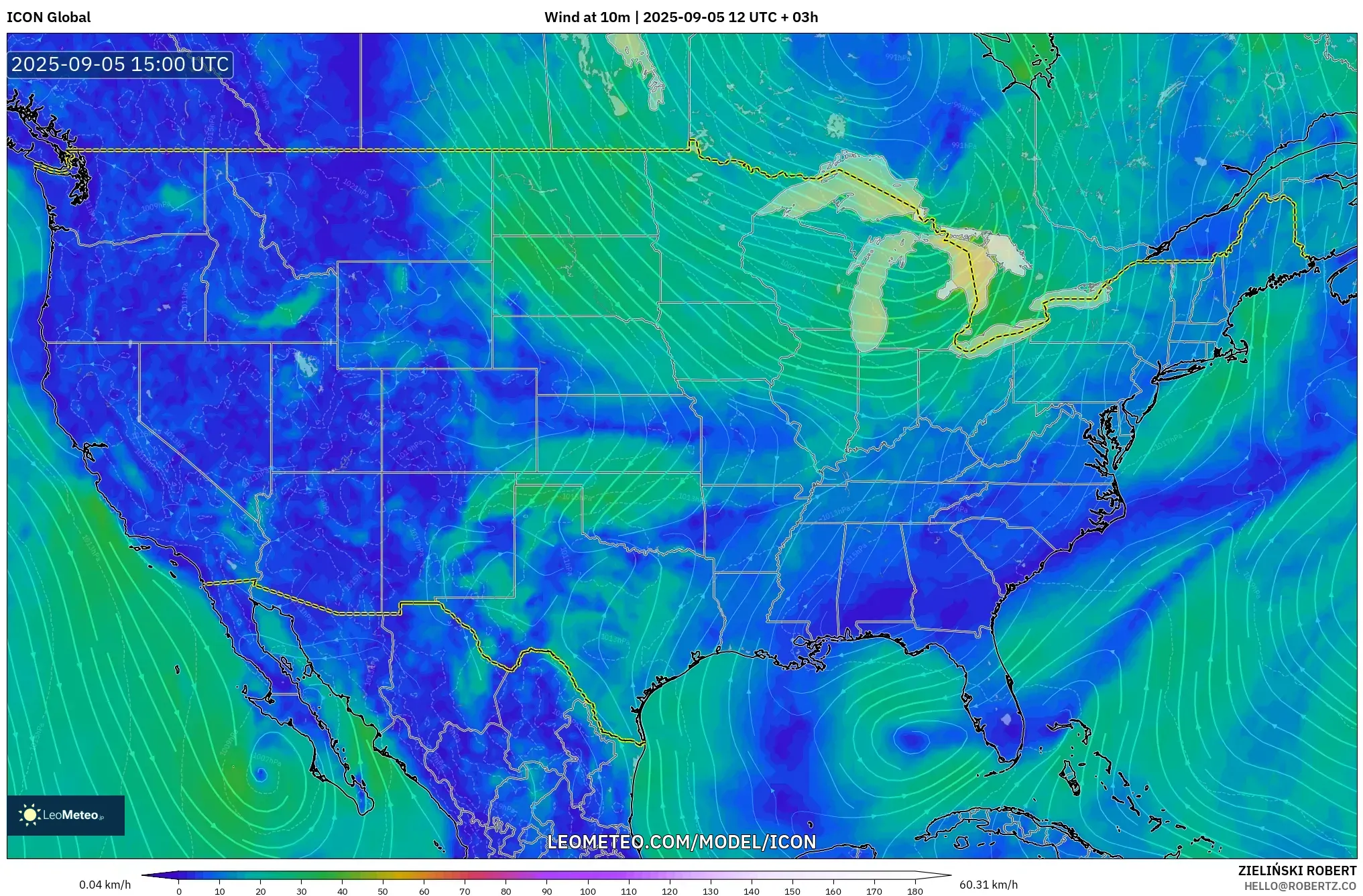 ICON model - United States, Wind at 10m
