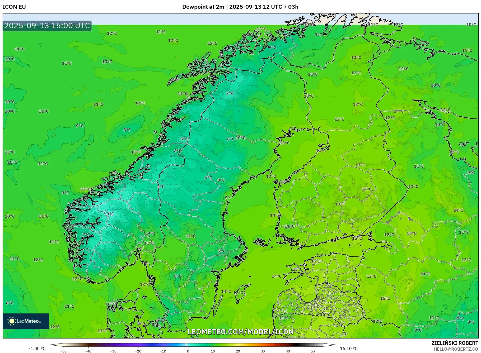 ICON model - Scandinavia, Dewpoint at 2m