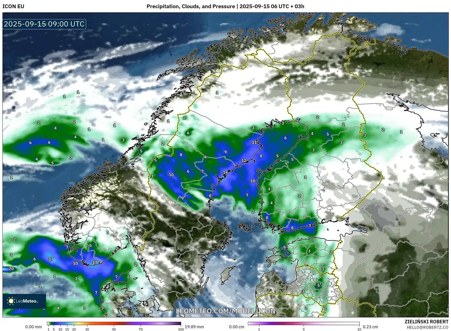 ICON model - Scandinavia, Precipitation, Clouds, and Pressure ICON model - Scandinavia, Precipitation, Clouds, and Pressure