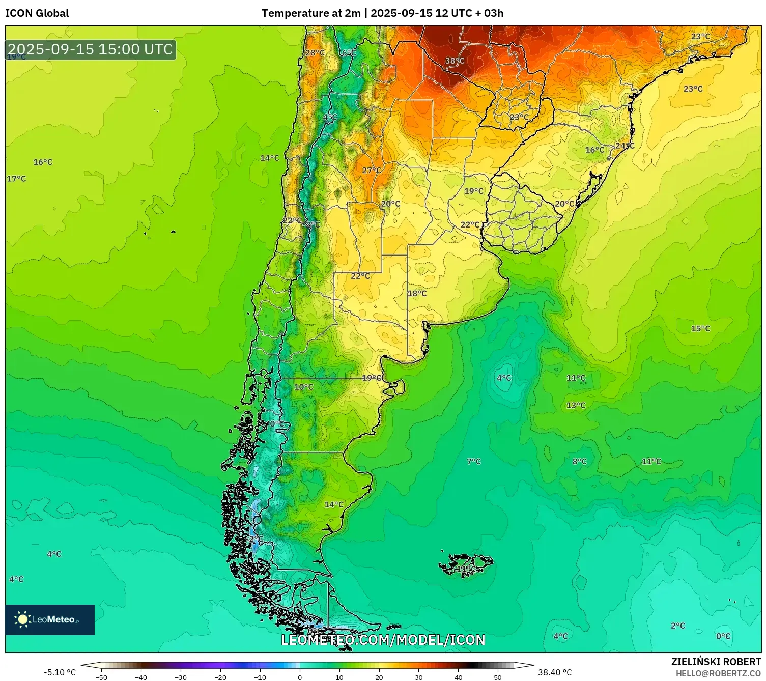 ICON model - Argentina, Temperature at 2m ICON model - Argentina, Temperature at 2m