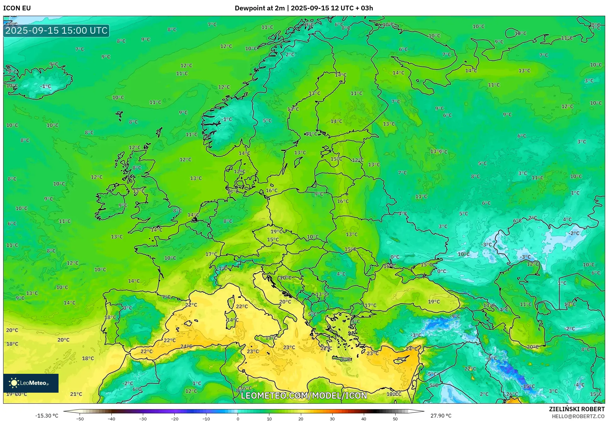 ICON model - Europe, Dewpoint at 2m ICON model - Europe, Dewpoint at 2m