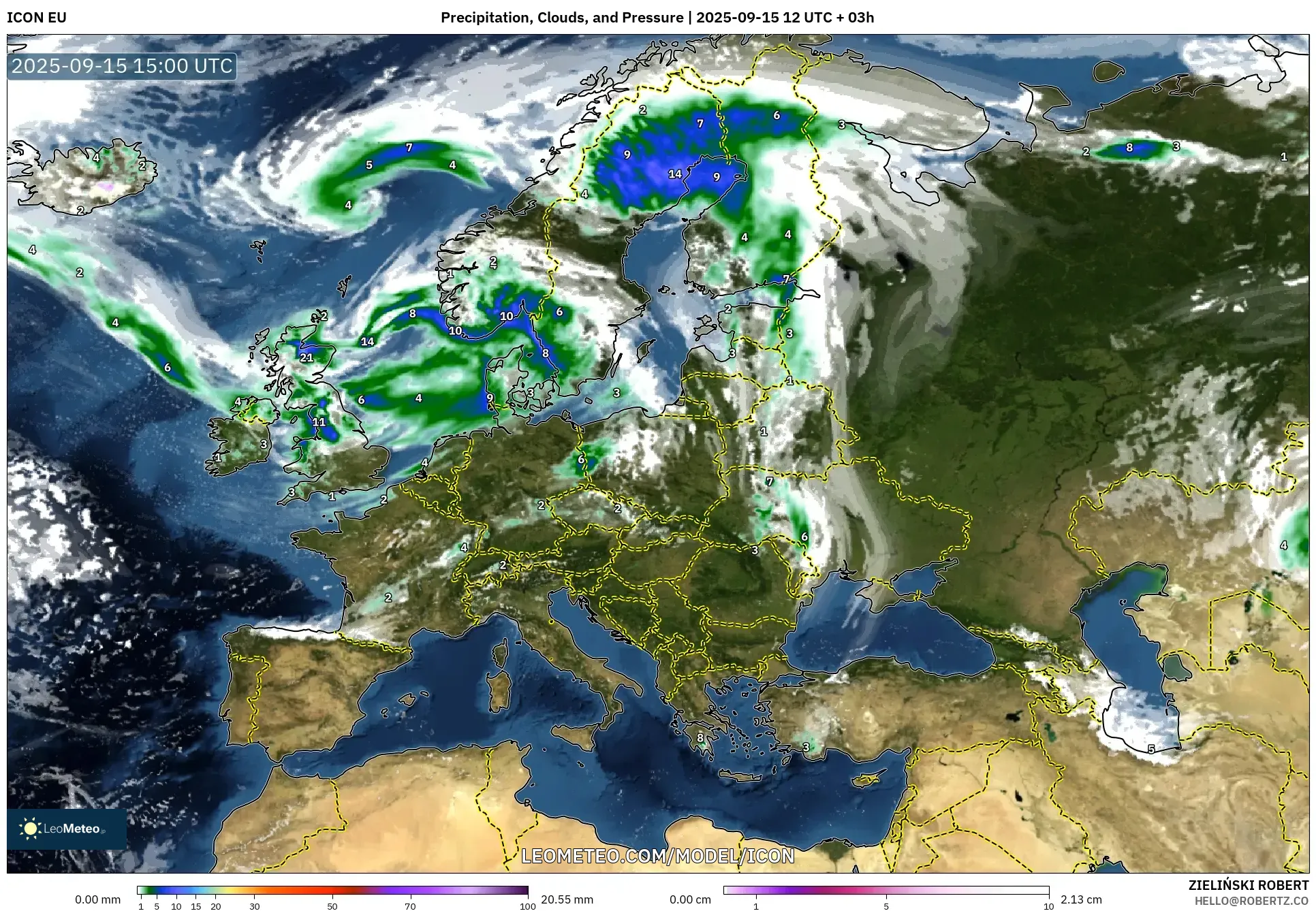 ICON model - Europe, Precipitation, Clouds, and Pressure