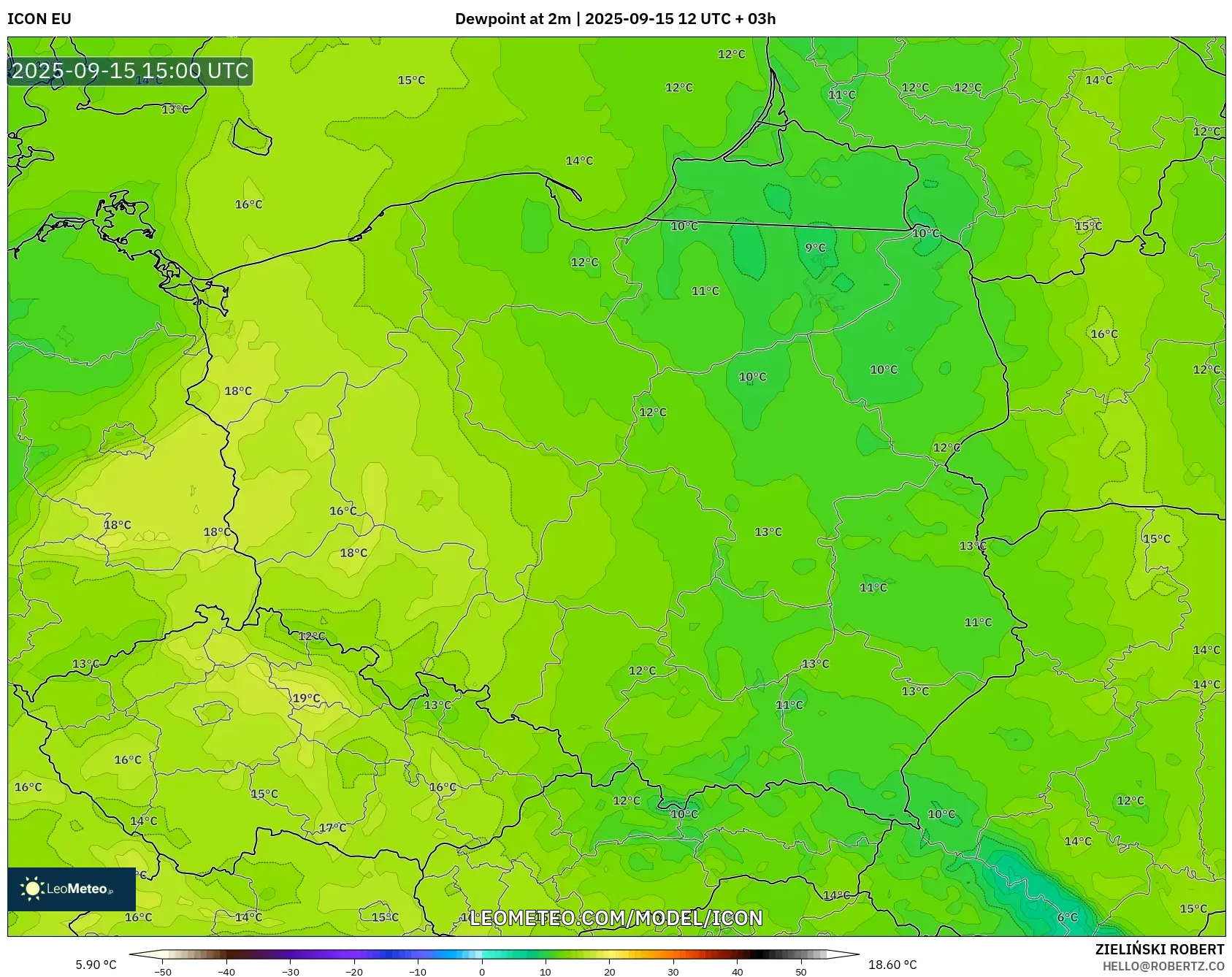 ICON model - Poland, Dewpoint at 2m ICON model - Poland, Dewpoint at 2m