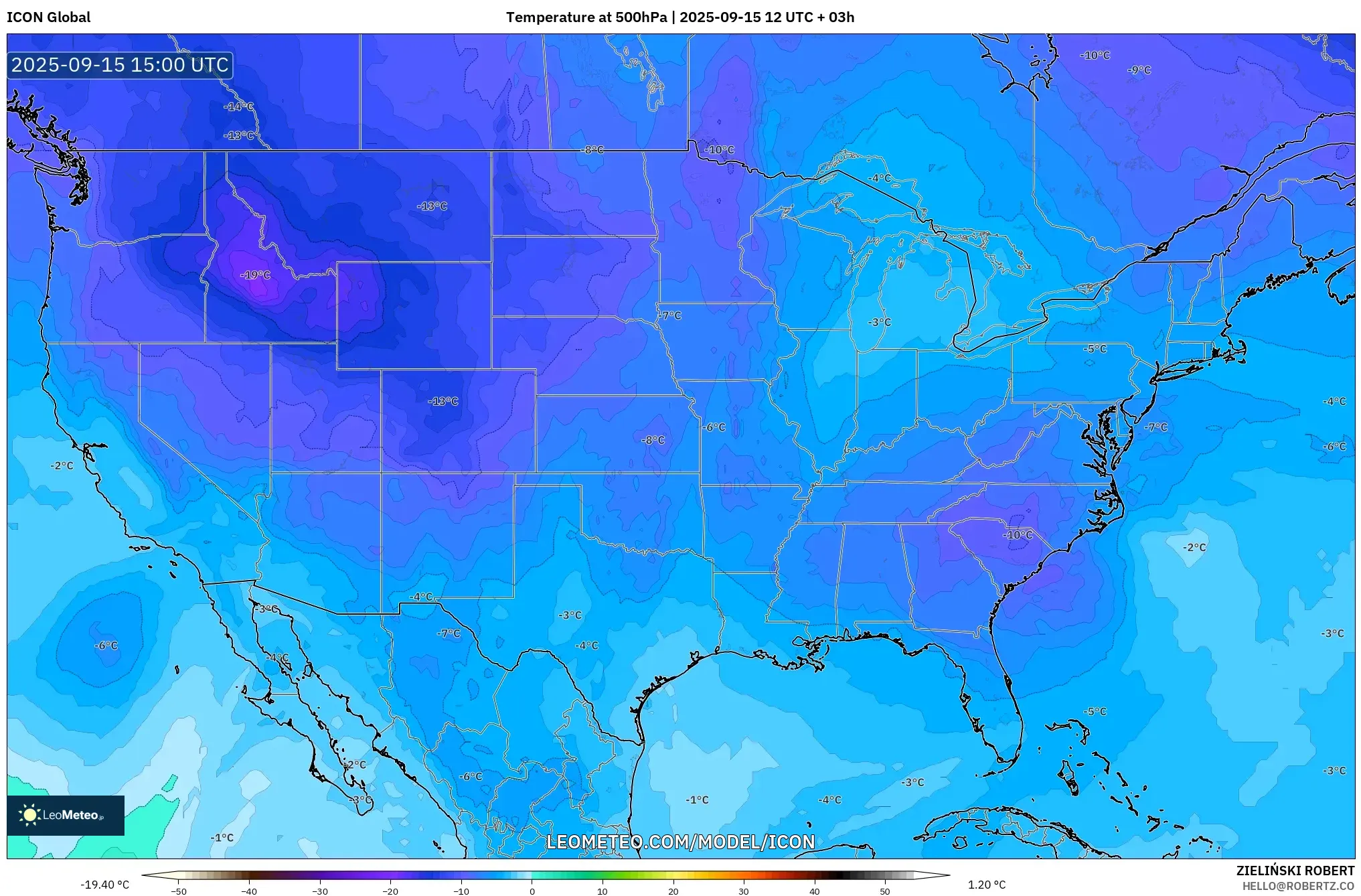 ICON model - United States, Temperature at 500hPa ICON model - United States, Temperature at 500hPa