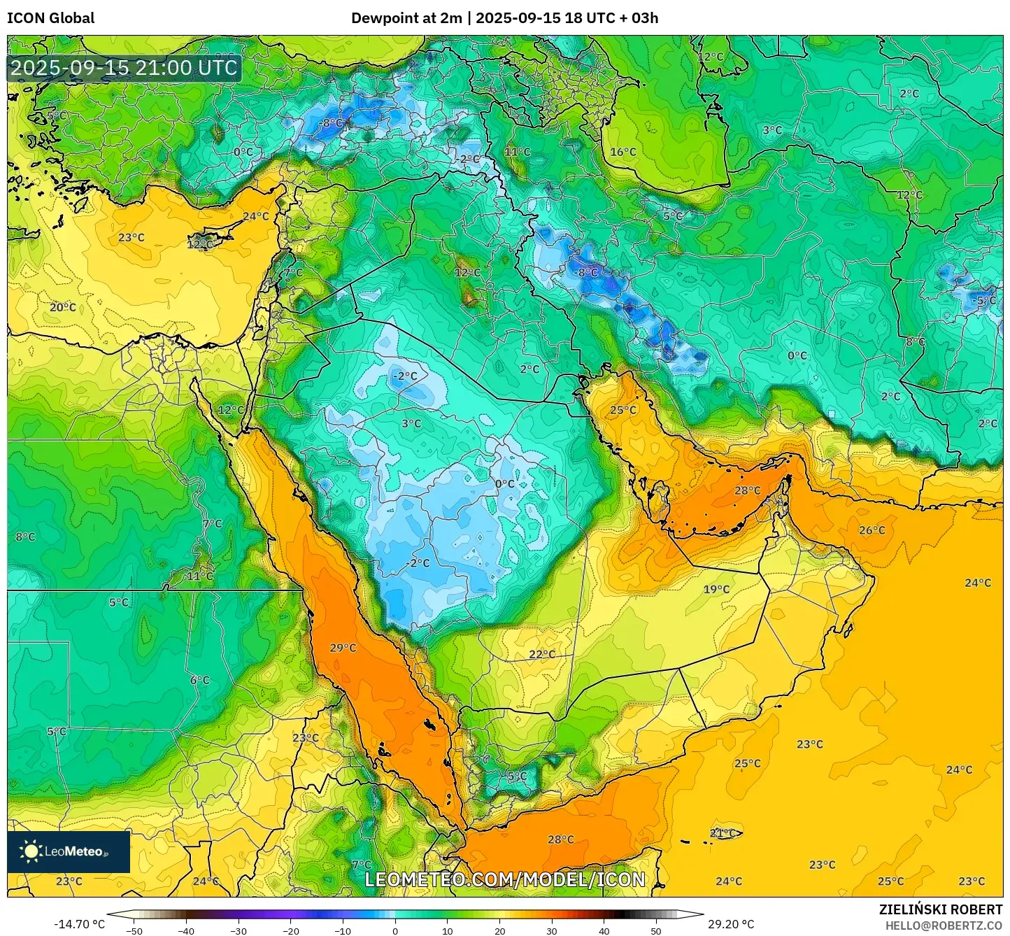 ICON model - Middle East, Dewpoint at 2m ICON model - Middle East, Dewpoint at 2m