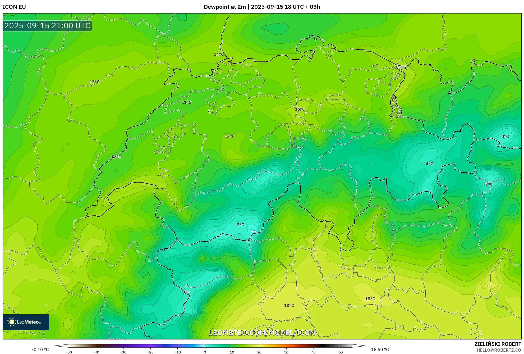 ICON model - Switzerland, Dewpoint at 2m