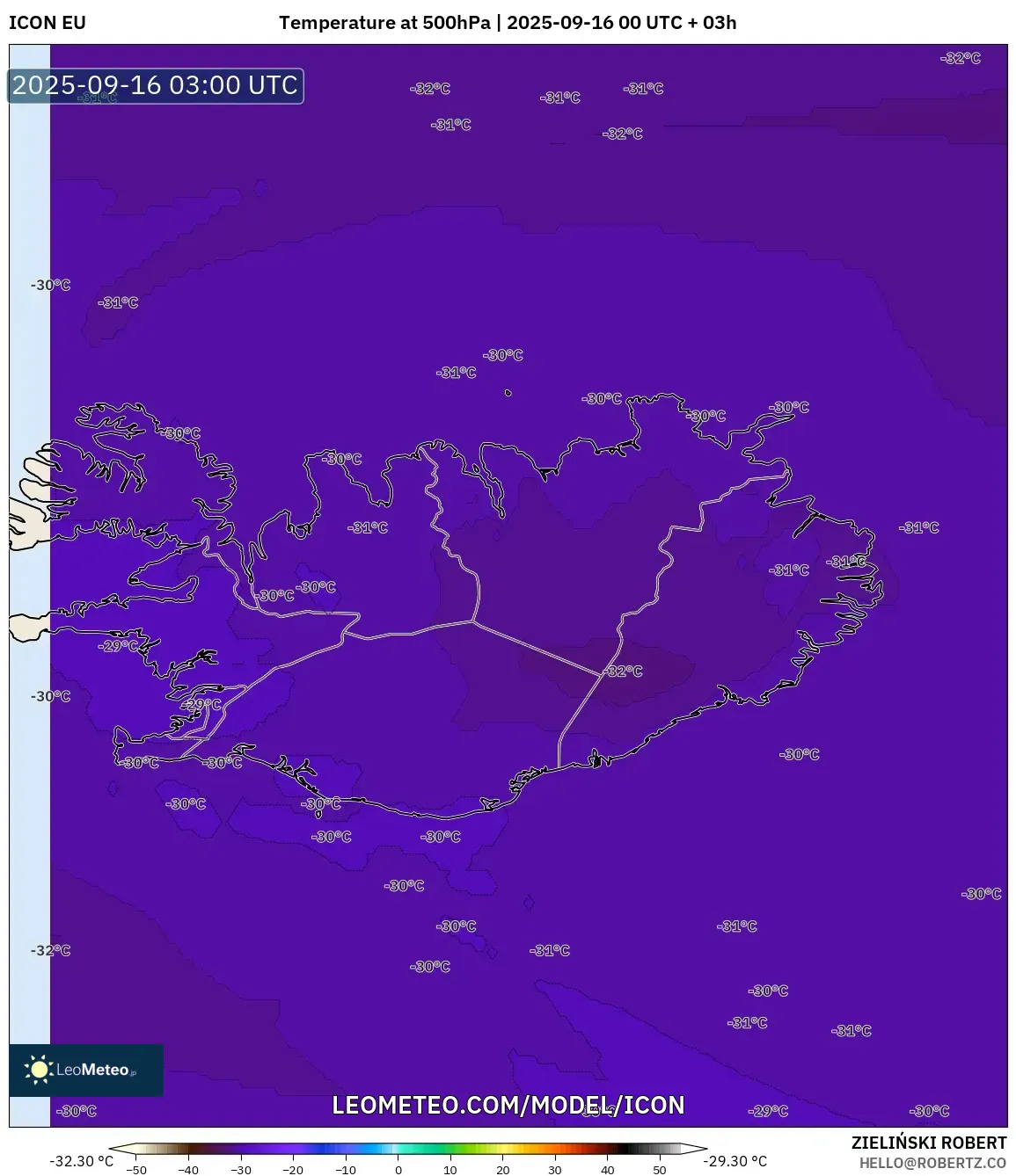 ICON model - Iceland, Temperature at 500hPa