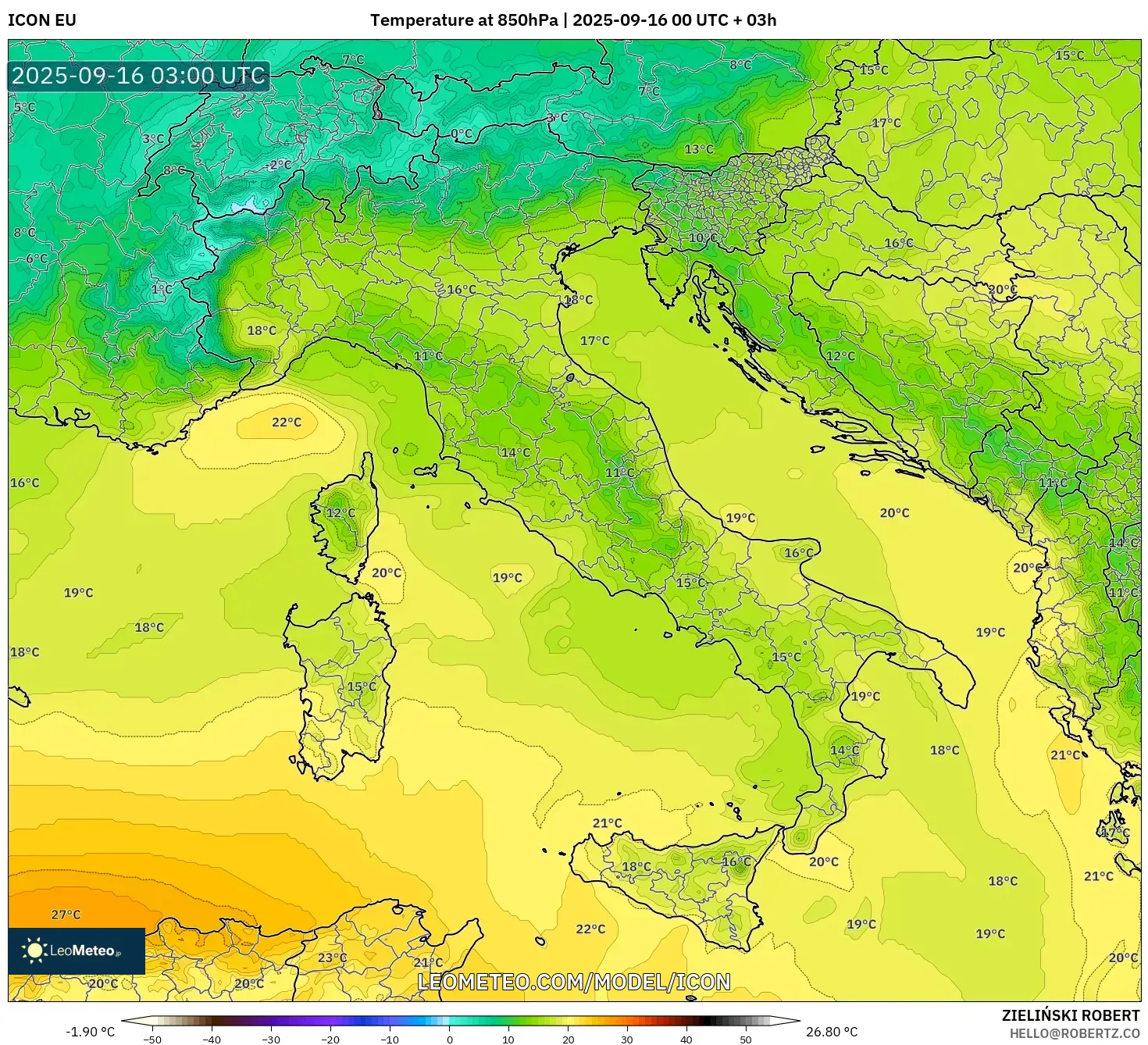 ICON model - Italy, Temperature at 850hPa ICON model - Italy, Temperature at 850hPa